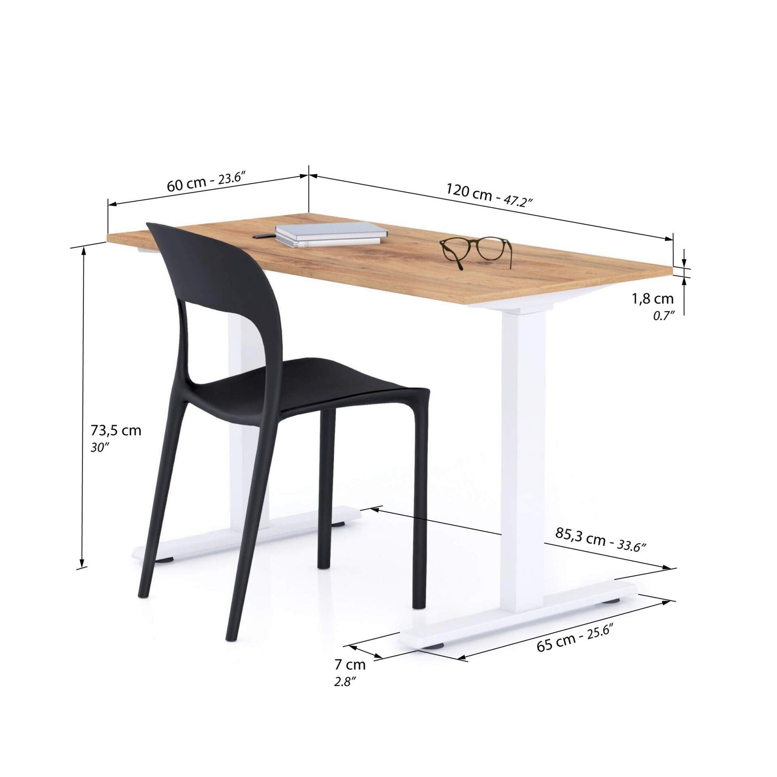 Scrivania Fissa Clara 120x60 Rovere Rustico con Gambe Bianche - Immagine tecnica 1