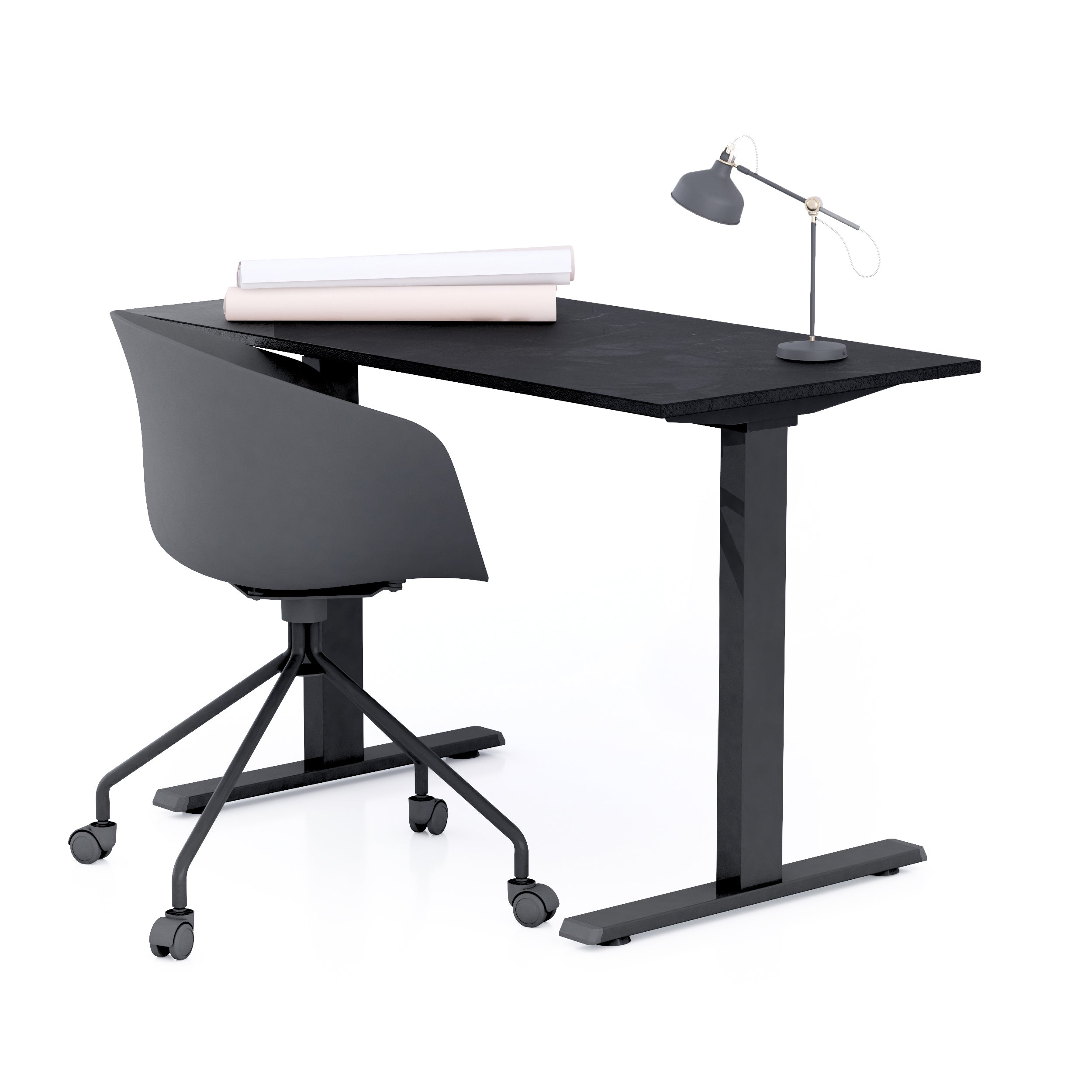 Bureau Clara 120x60, Noir Béton, avec Pieds Fixes Noirs - Main image