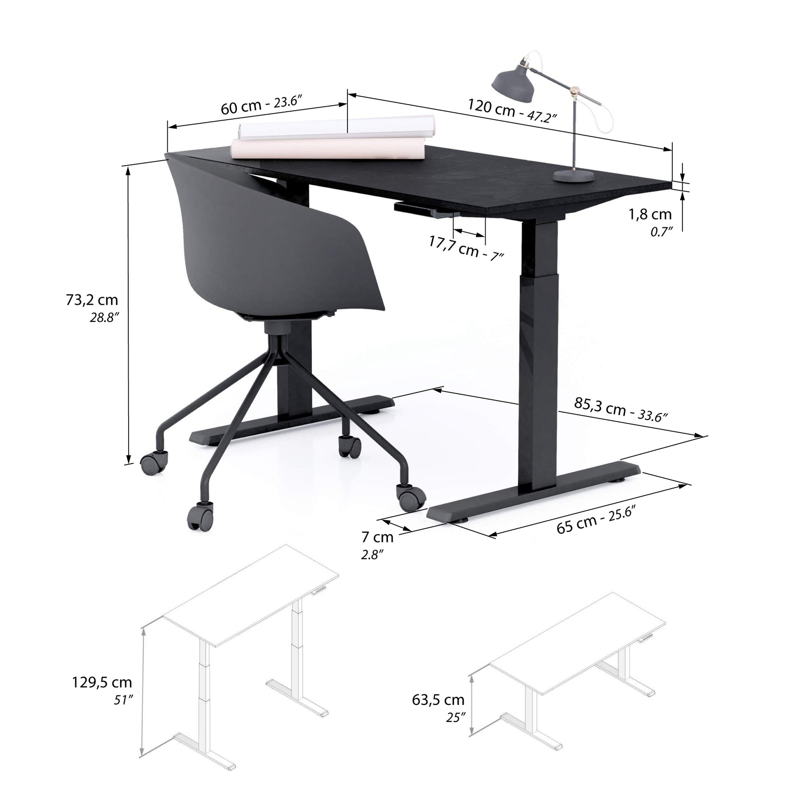 Escritorio Elevable Clara 120x60 Cemento Negro con Patas Negras - Immagine tecnica 1