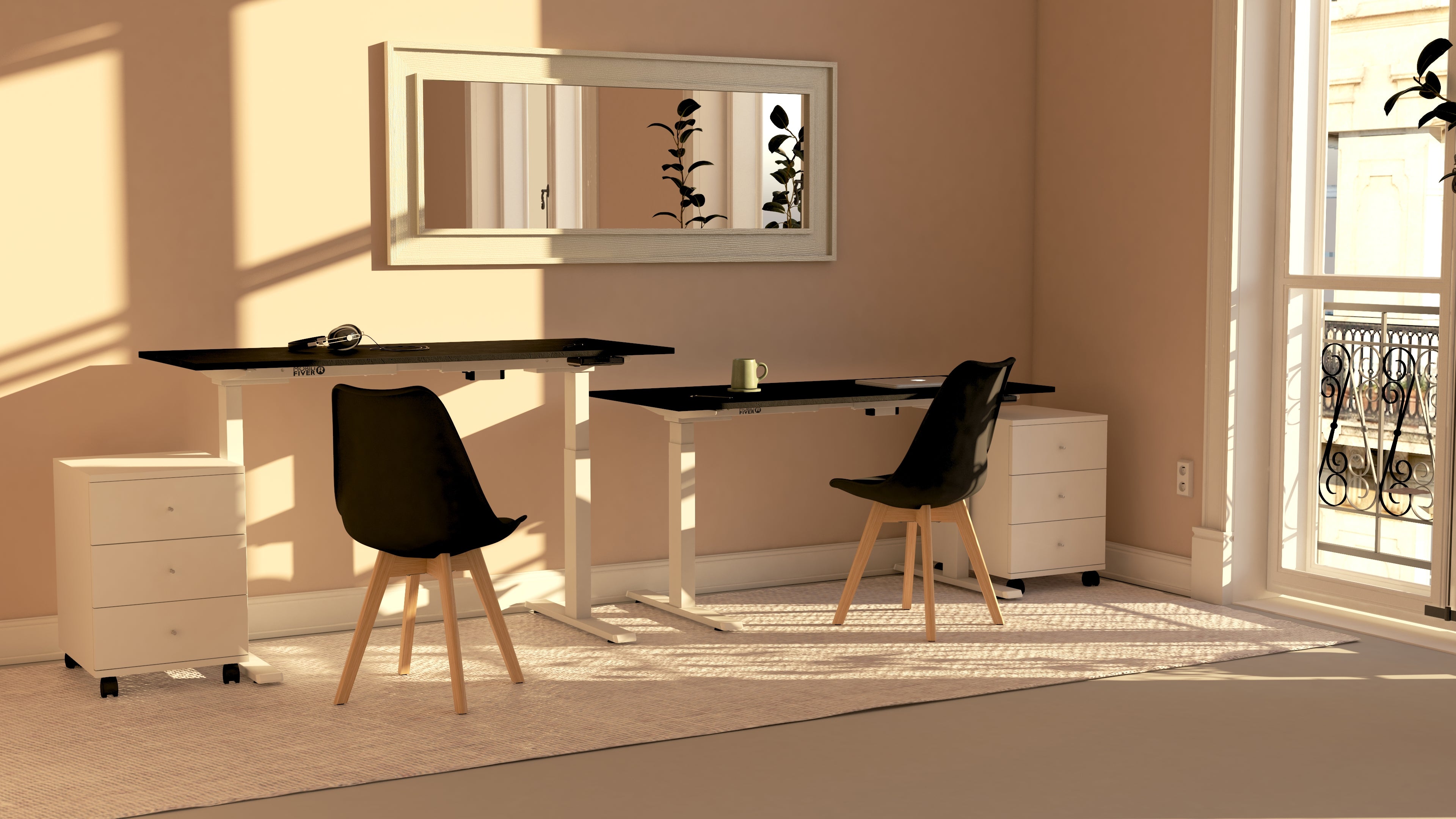 Scrivania Regolabile Clara 120x60 Nero Cemento con Gambe Bianche - Immagine ambientata 2