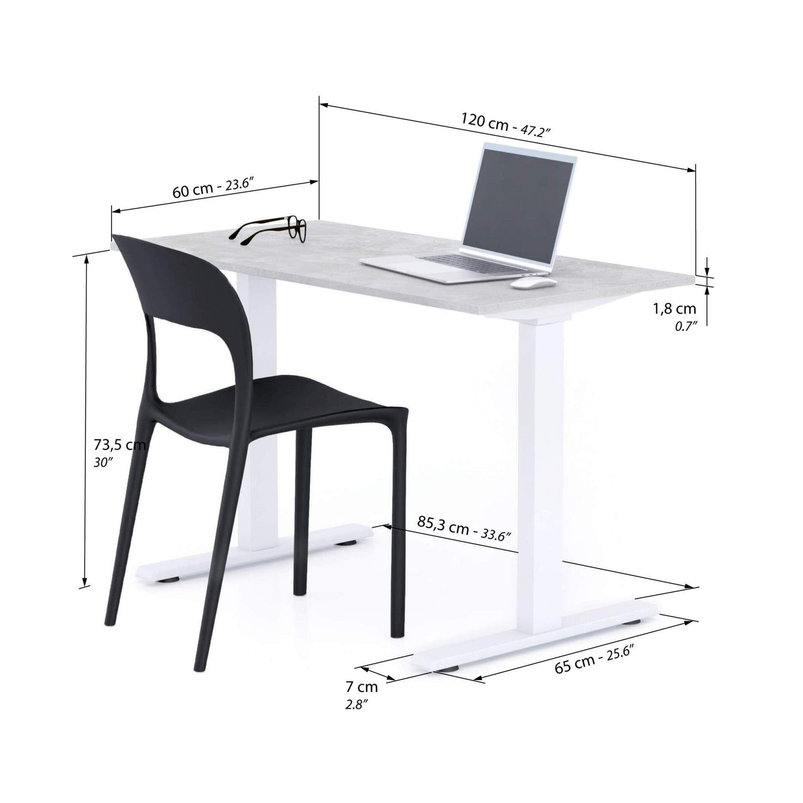Bureau Clara 120x60, Gris Béton, avec Pieds Fixes Blancs - Immagine tecnica 1