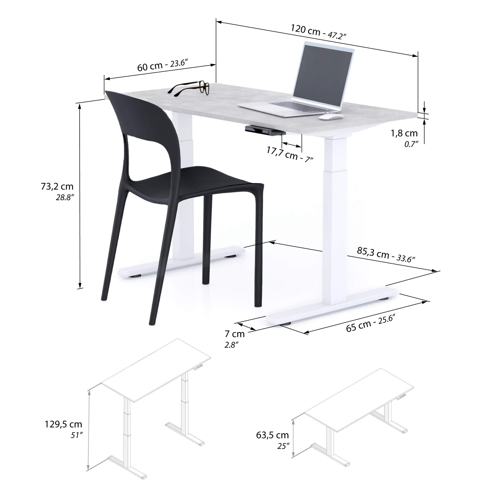 Scrivania Regolabile Clara 120x60 Grigio Cemento con Gambe Bianche - Immagine tecnica 1