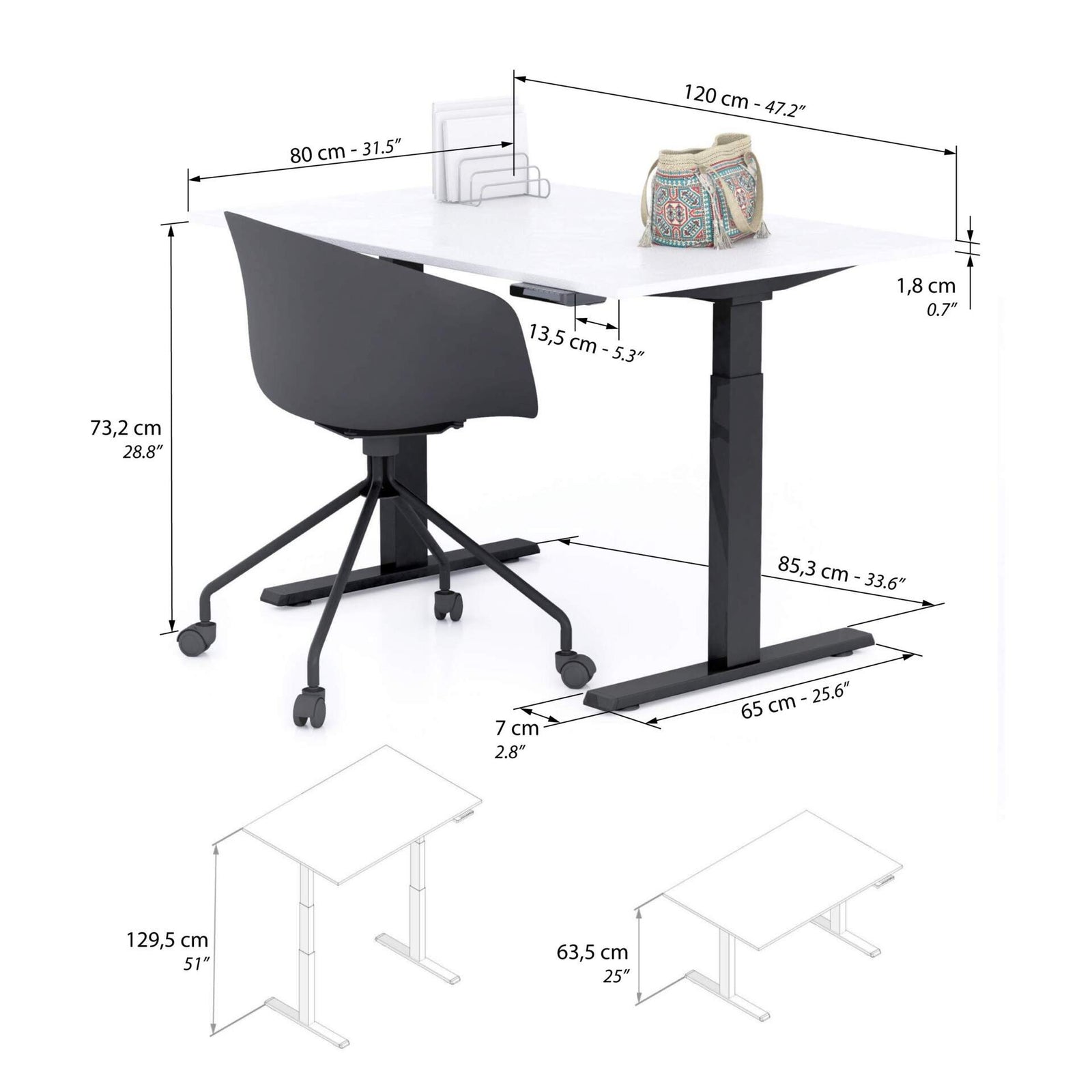 Scrivania Regolabile Clara 120x80 Bianco Cemento con Gambe Nere - Immagine tecnica 1