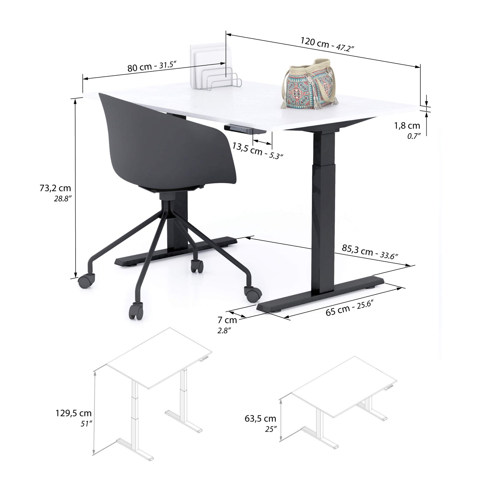 Verstellbarer Schreibtisch Clara 120x80 Weiss Beton mit schwarzen Beinen - Immagine tecnica 1