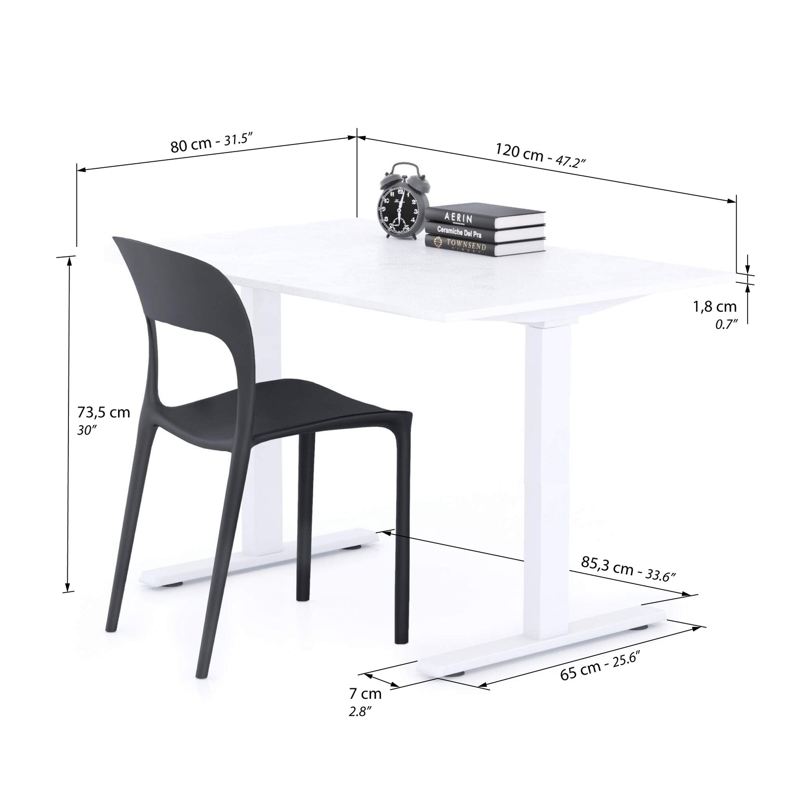 Clara Fixed Height Desk 120x80 Concrete Effect, White with White Legs - Immagine tecnica 1