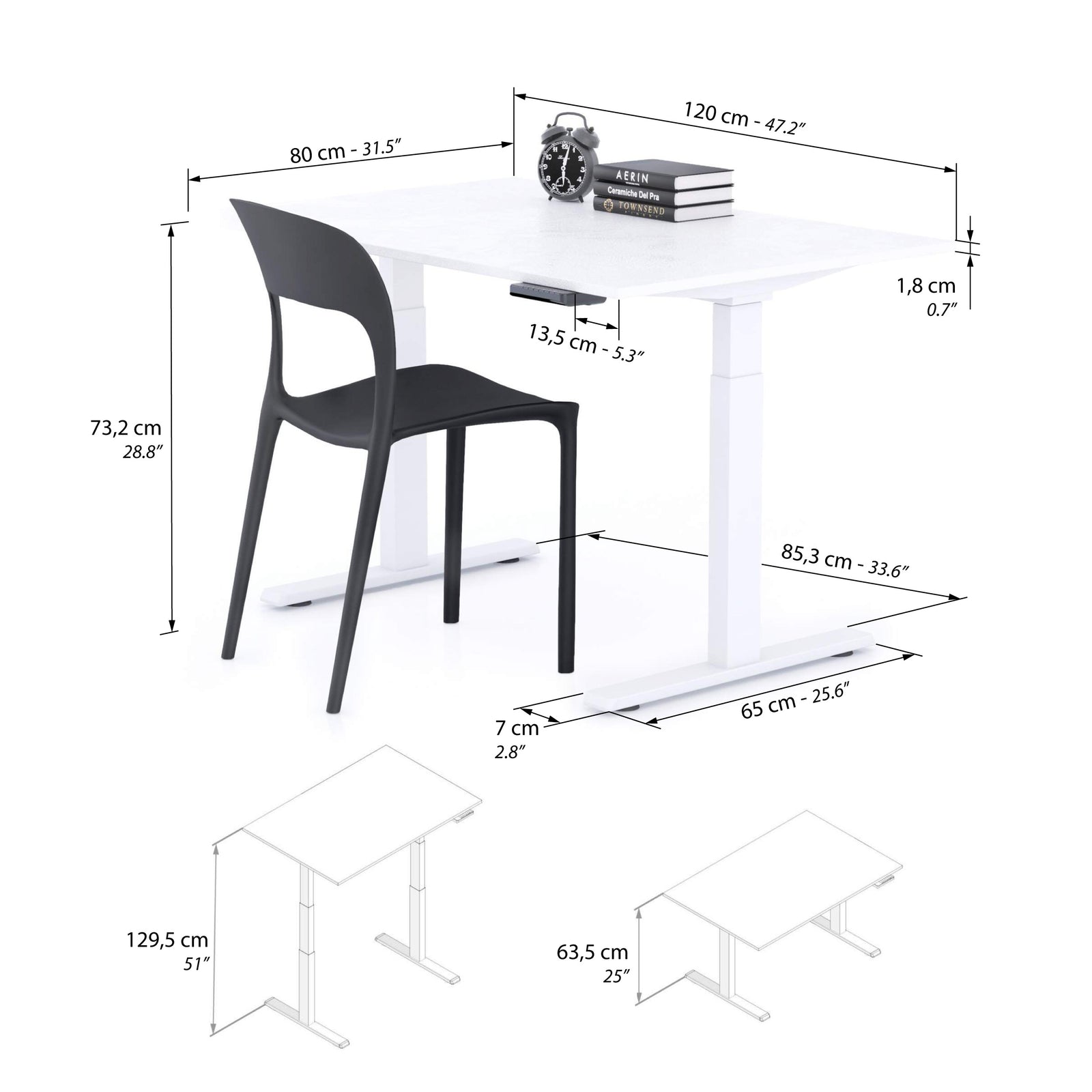 Verstelbaar Bureau Clara 120x80 Wit Beton met Witte Poten - Immagine tecnica 1