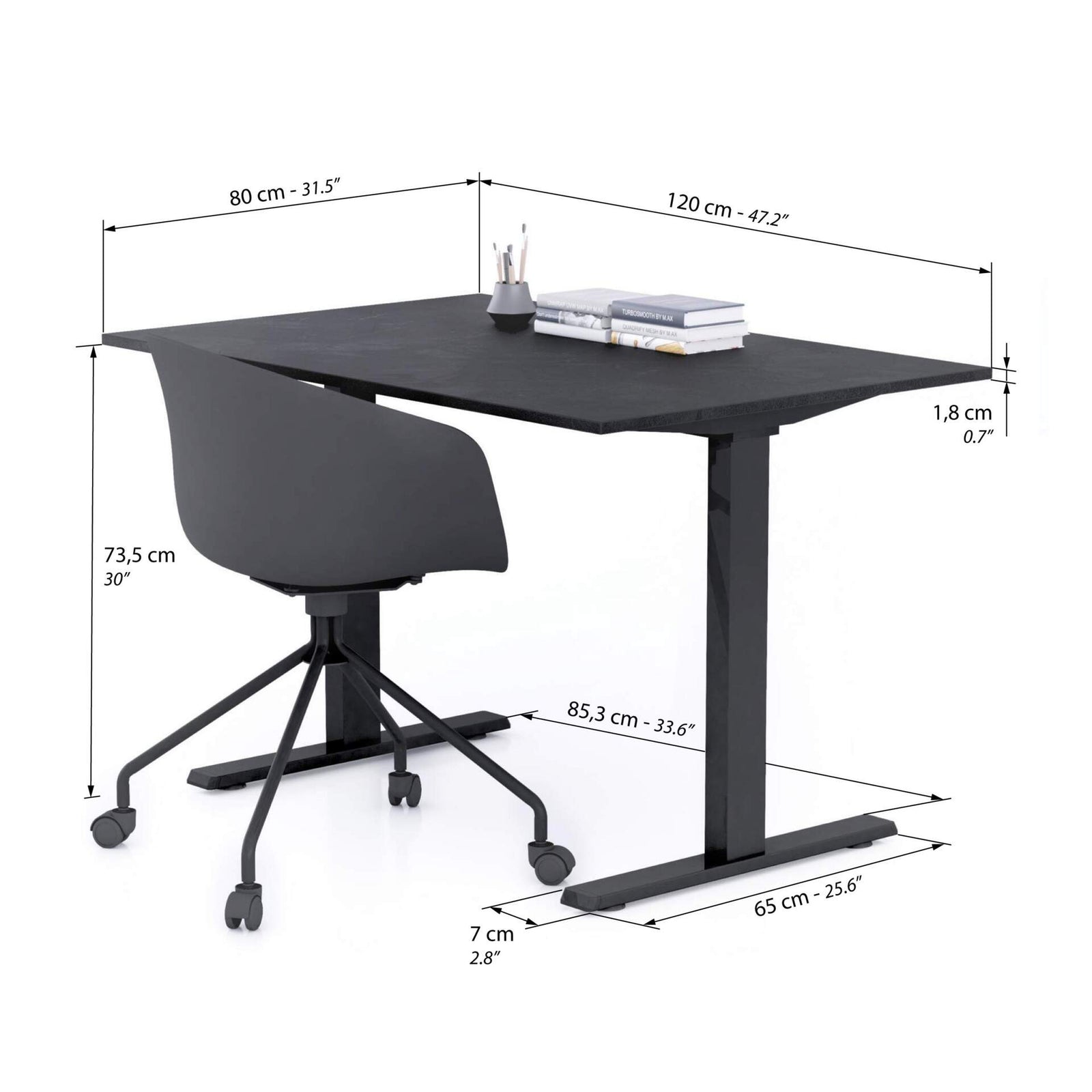 Secretária Clara 120x80 Cimento Preto com Pernas Pretas - Immagine tecnica 1