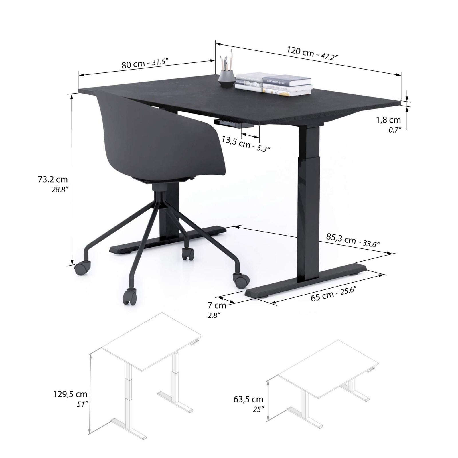 Bureau assis/debout Clara 120x80 Noir Béton avec pieds noirs - Immagine tecnica 1
