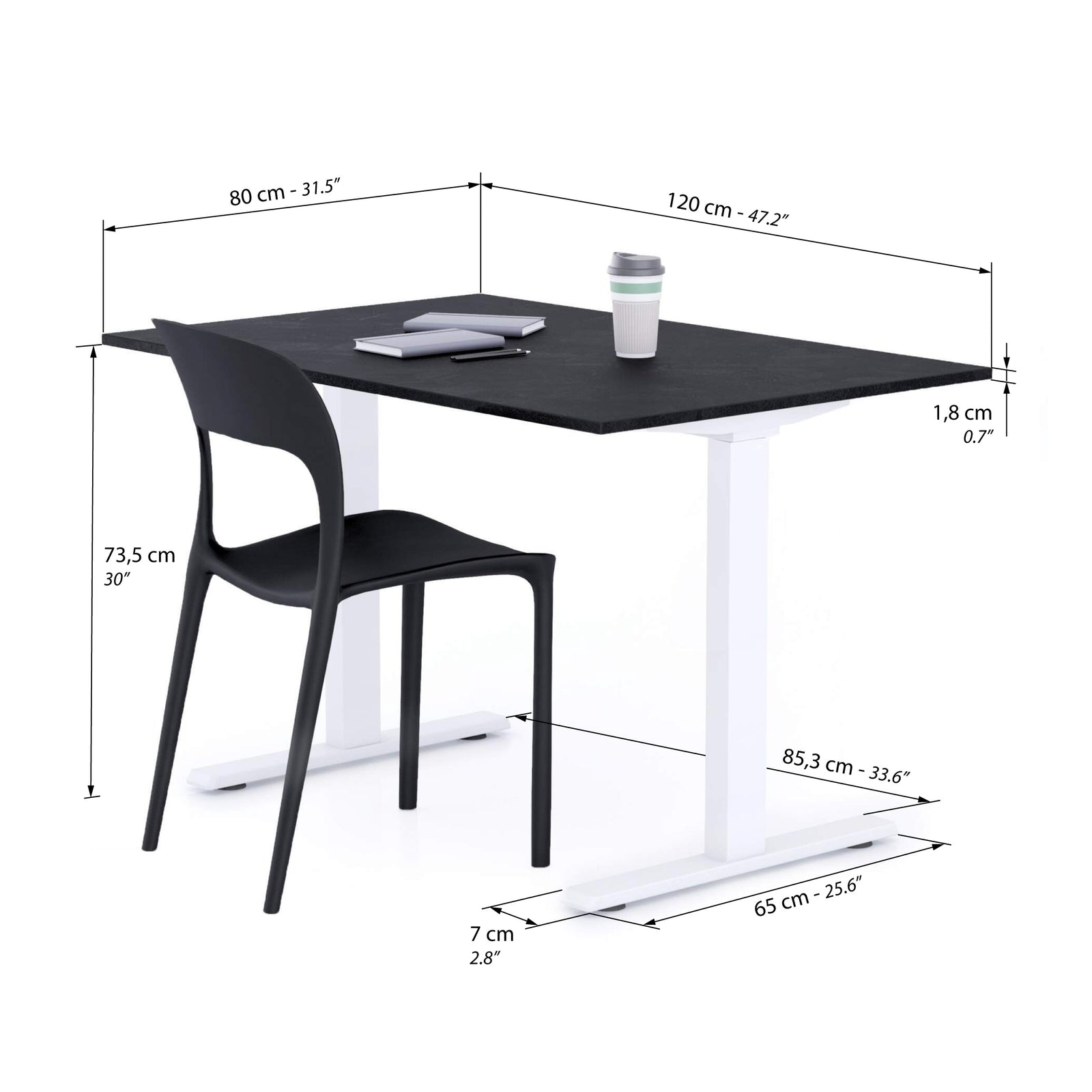 Clara Fixed Height Desk 120x80 Concrete Effect, Black with White Legs - Immagine tecnica 1