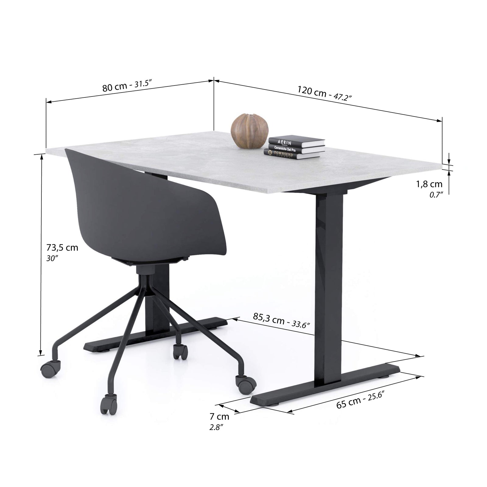 Clara Fixed Height Desk 120x80 Concrete Effect, Grey with Black Legs - Immagine tecnica 1