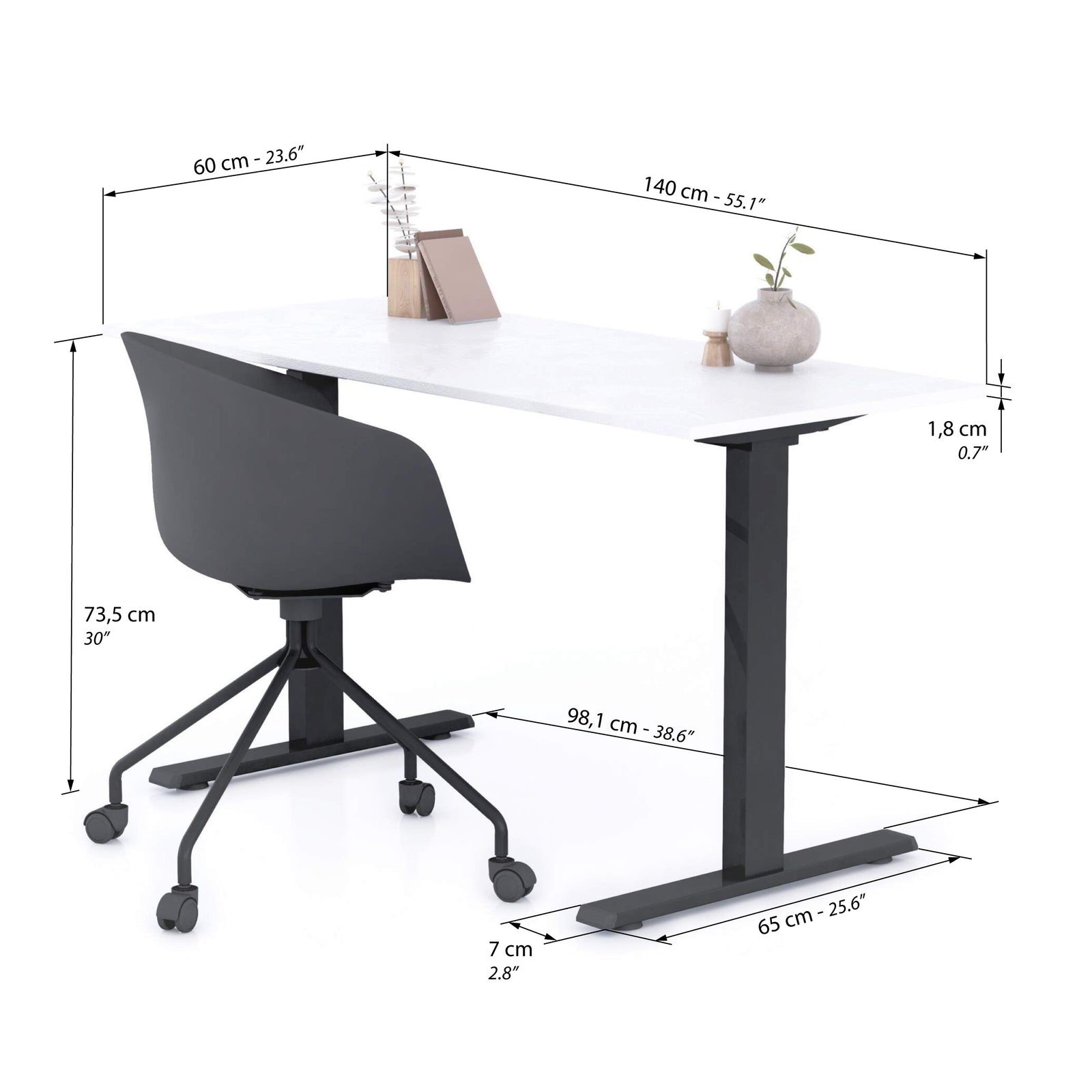 Clara Fixed Height Desk 140x60 Concrete Effect, White with Black Legs - Immagine tecnica 1