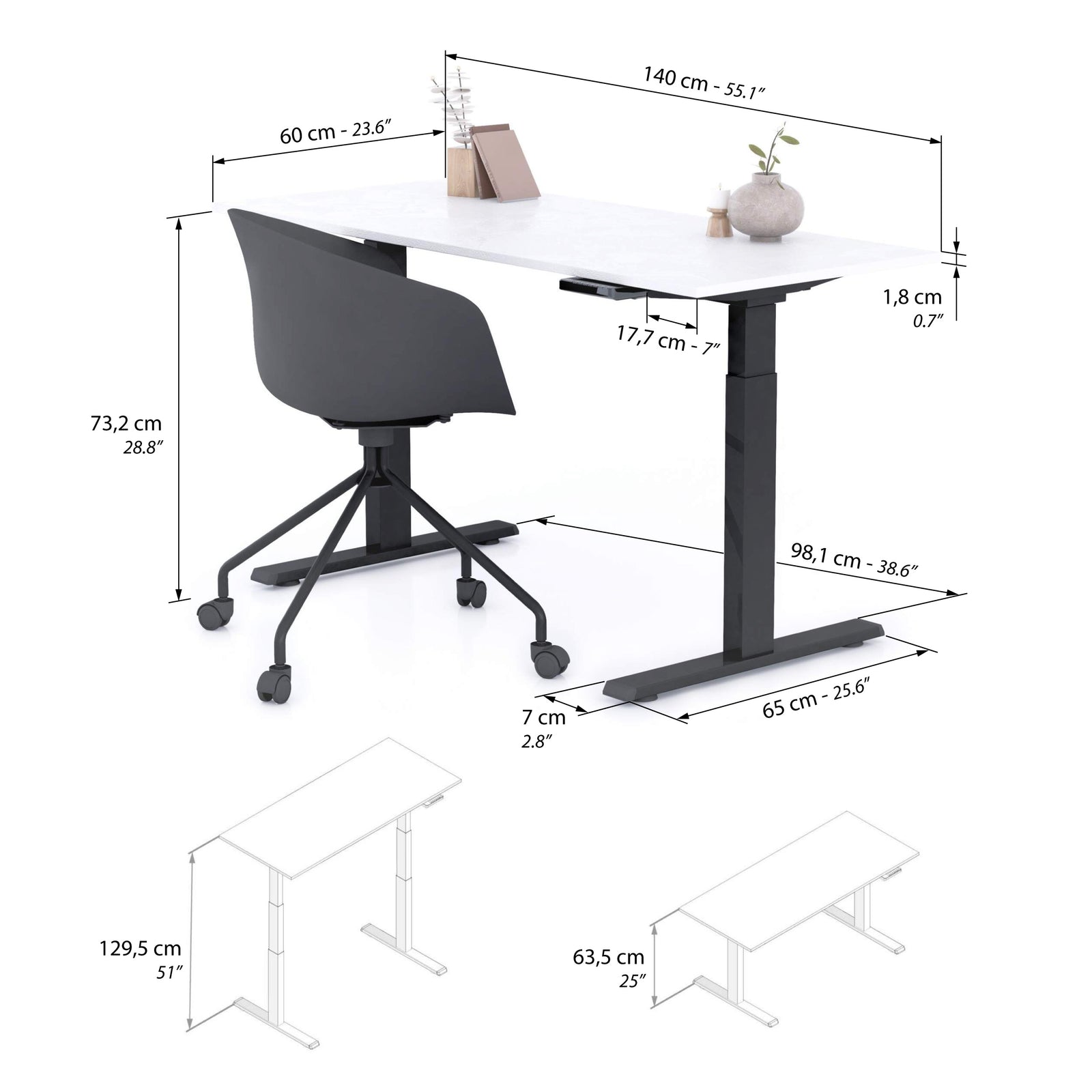 Bureau assis/debout Clara 140x60 Blanc Béton avec pieds noirs - Immagine tecnica 1