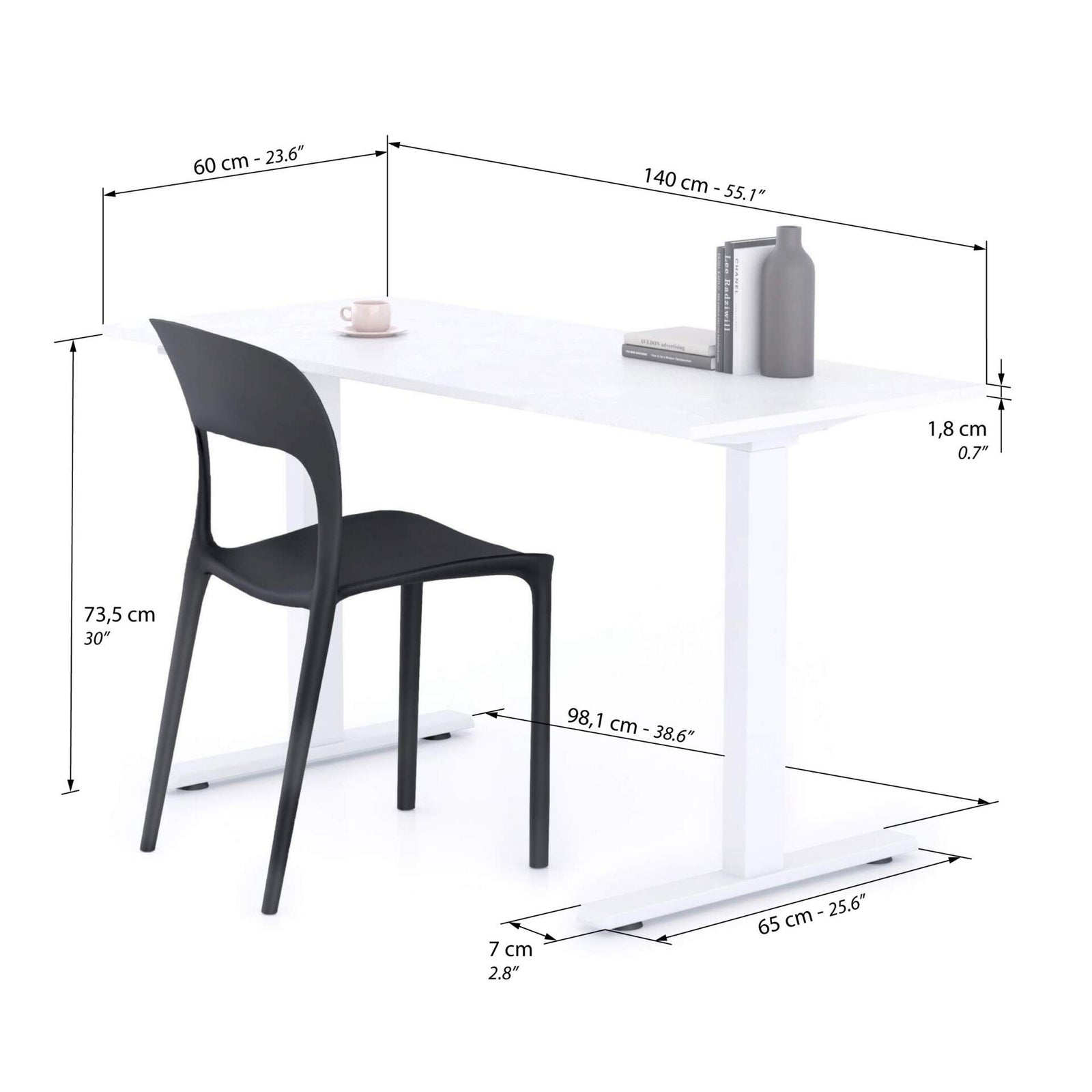 Escritorio Clara 140x60 cemento blanco con patas blancas - Immagine tecnica 1