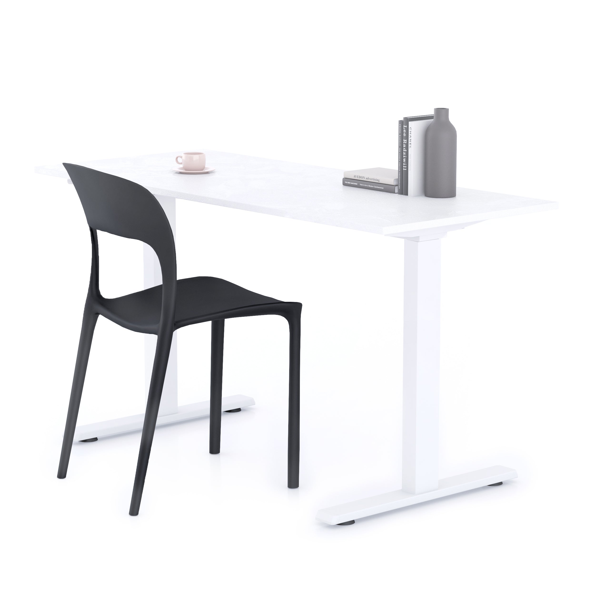 Bureau Clara 140x60, Blanc Béton, avec Pieds Fixes Blancs