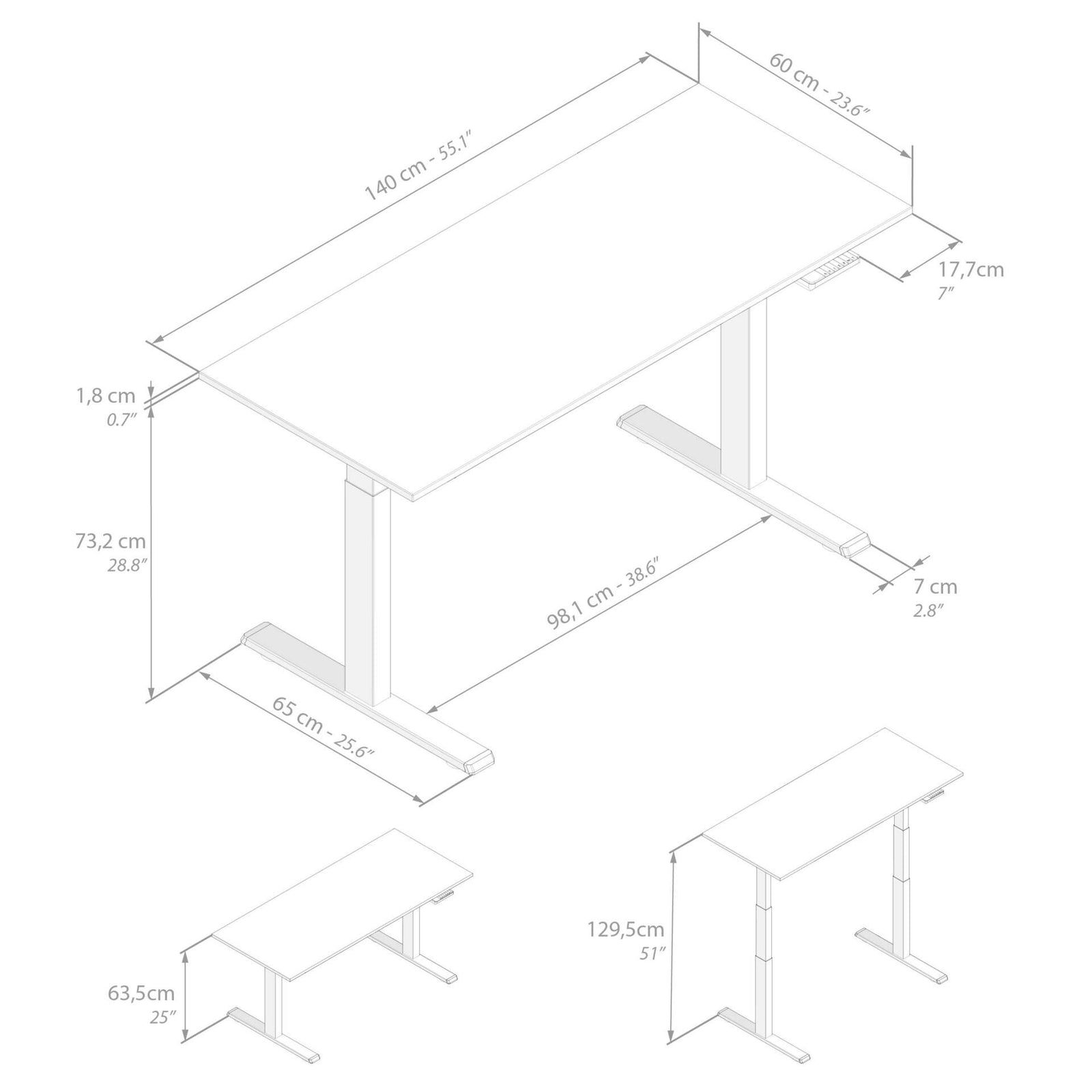 Bureau assis/debout Clara 140x60 Blanc Béton avec pieds blancs - Immagine tecnica 1