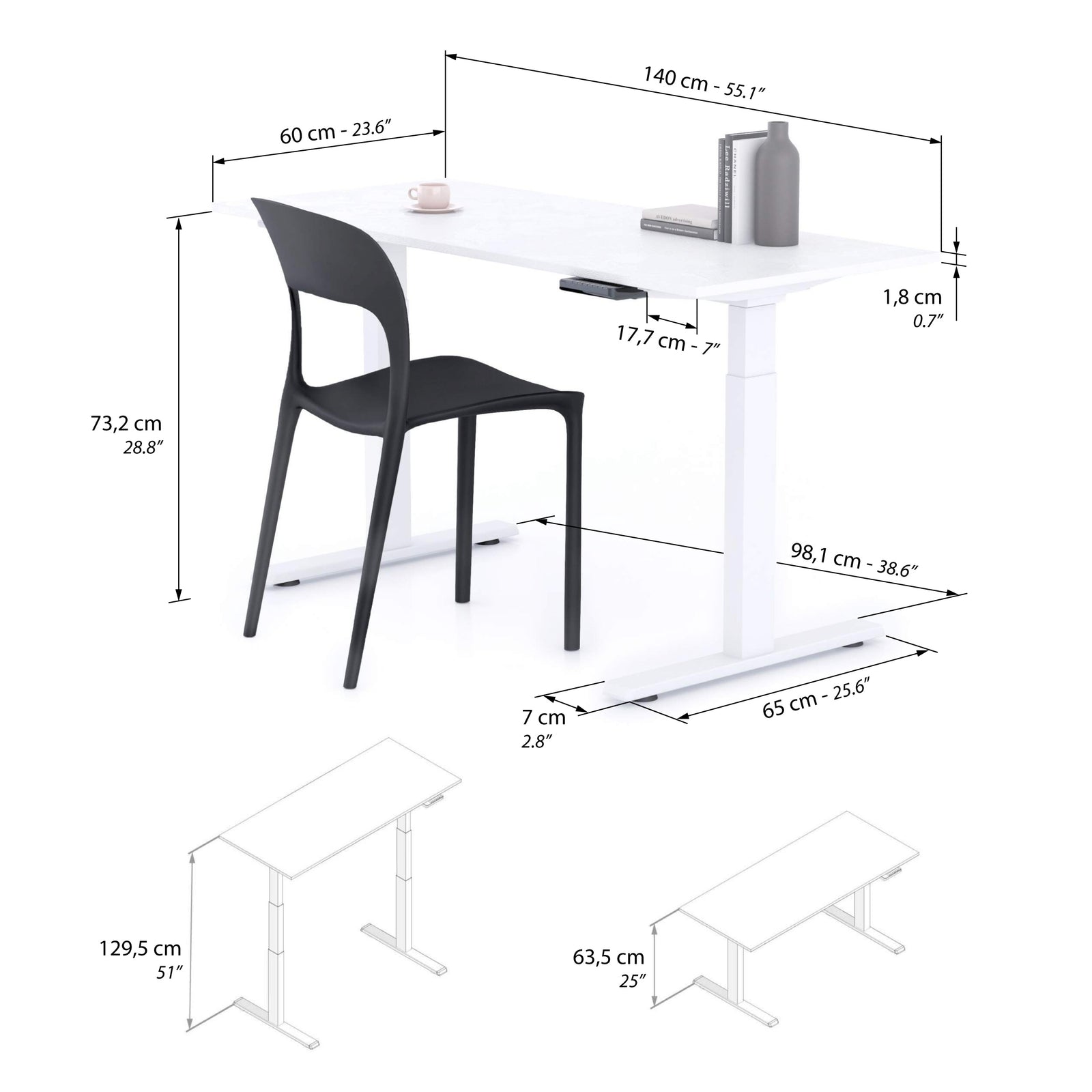 Clara Electric Standing Desk 140x60 Concrete Effect, White with White Legs - Immagine tecnica 1