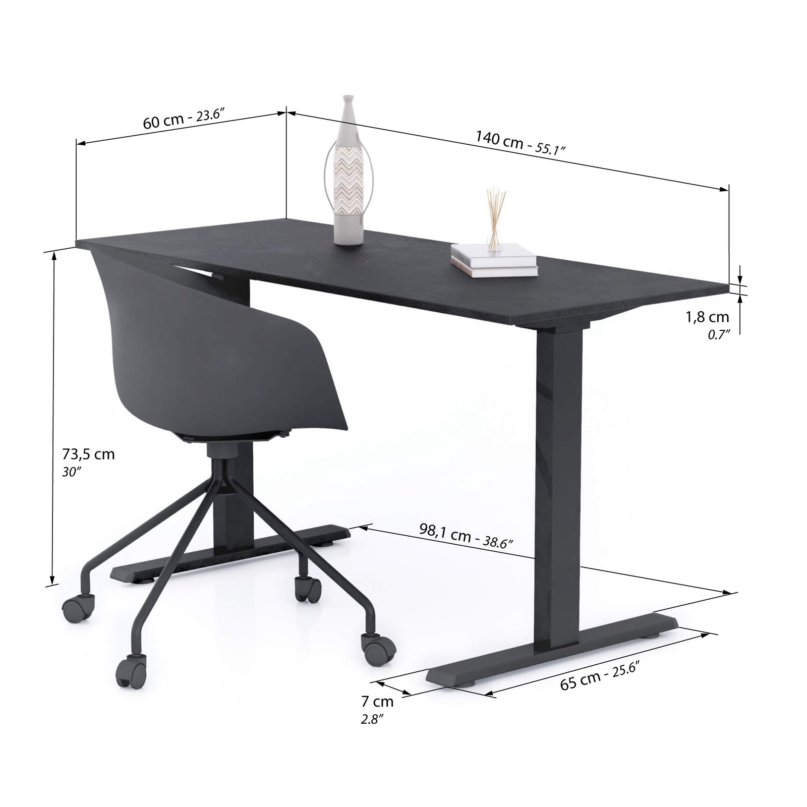 Clara Fixed Height Desk 140x60 Concrete Effect, Black with Black Legs - Immagine tecnica 1