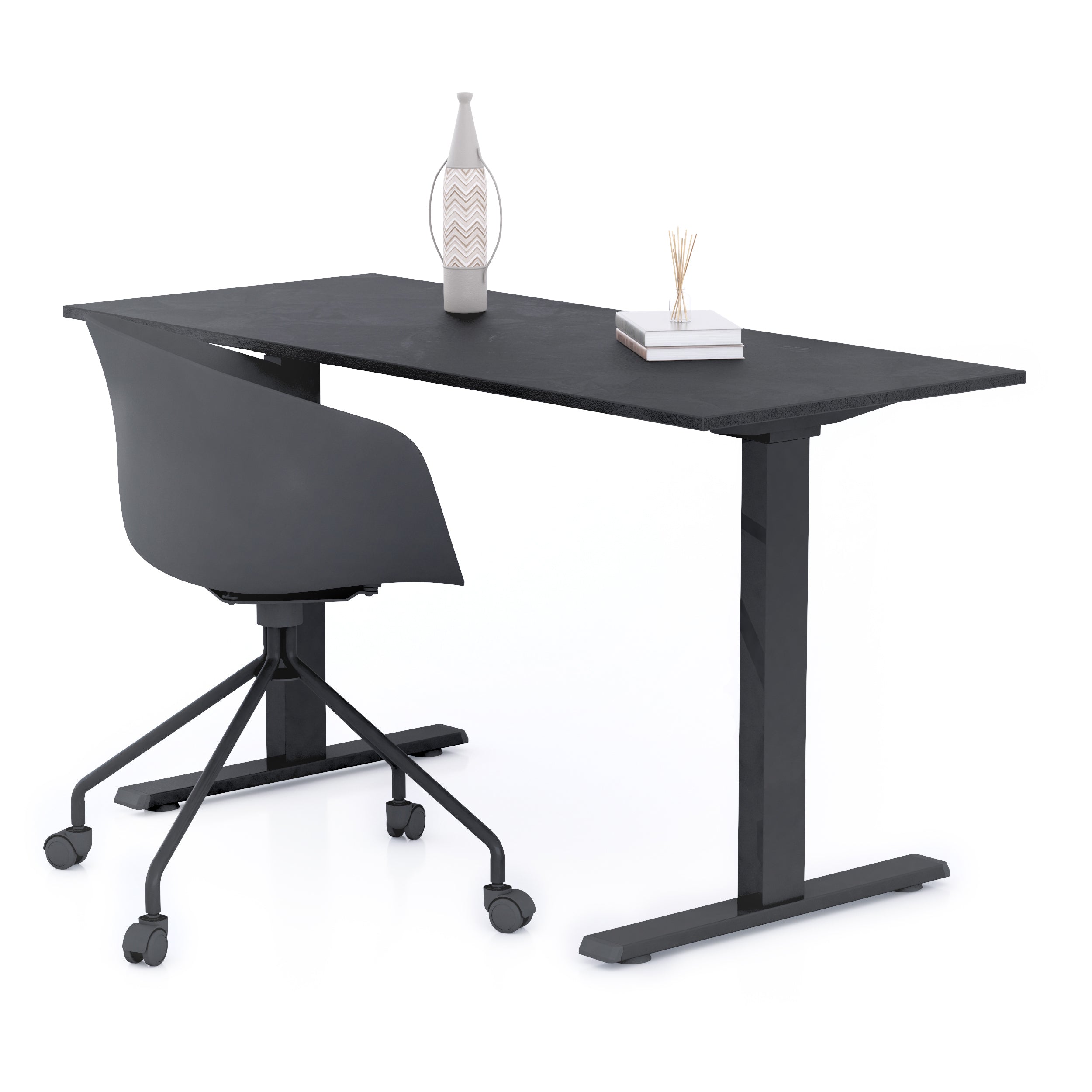 Bureau Clara 140x60, Noir Béton, avec Pieds Fixes Noirs