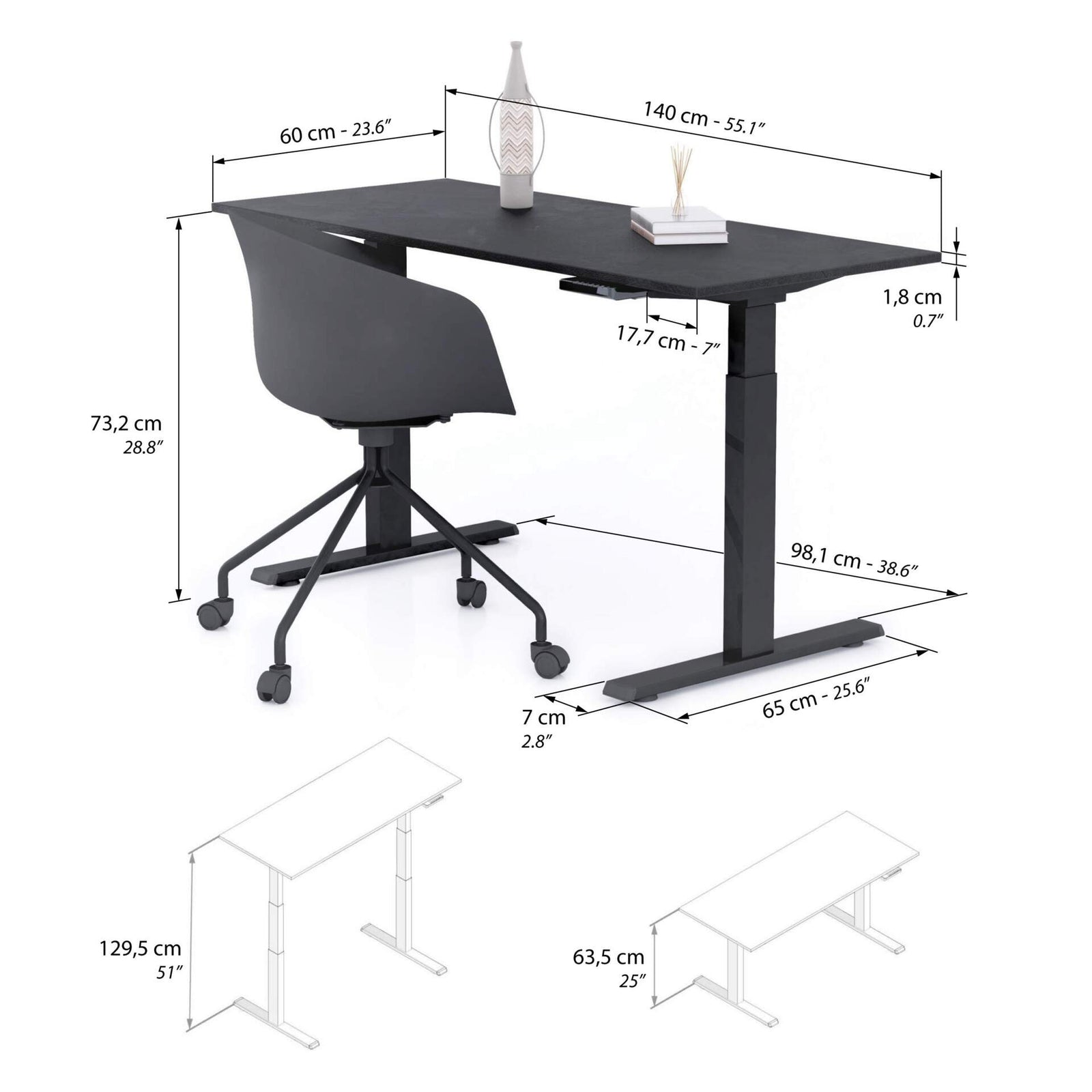 Bureau assis/debout Clara 140x60 Noir Béton avec pieds noirs - Immagine tecnica 1