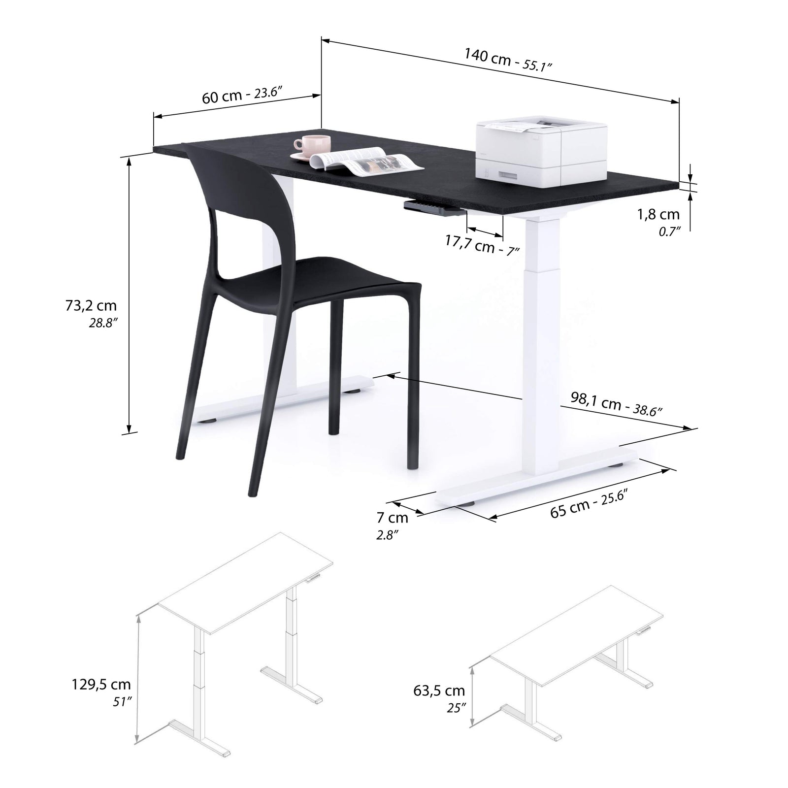 Clara Electric Standing Desk 140x60 Concrete Effect, Black with White Legs - Immagine tecnica 1