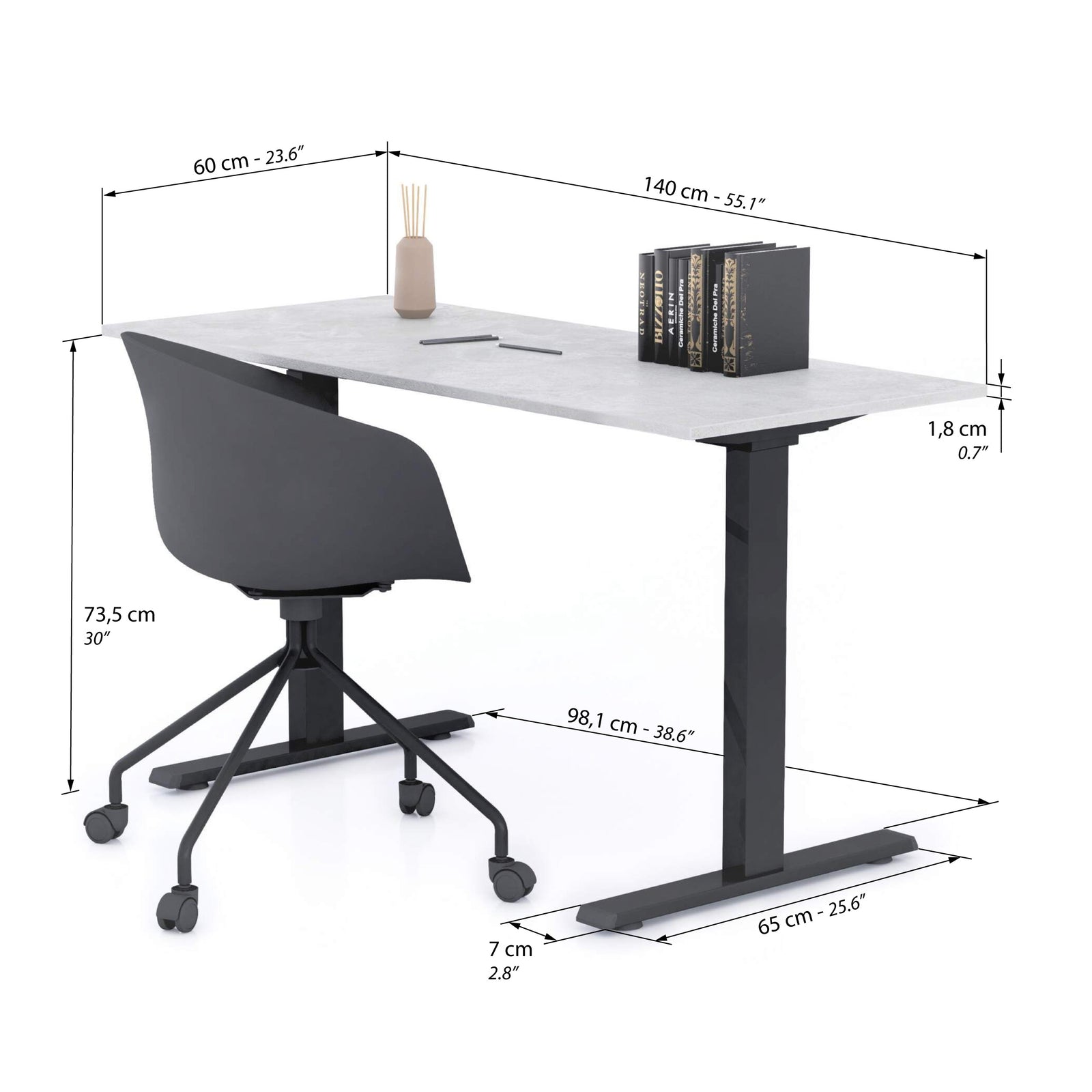 Clara Fixed Height Desk 140x60 Concrete Effect, Grey with Black Legs - Immagine tecnica 1