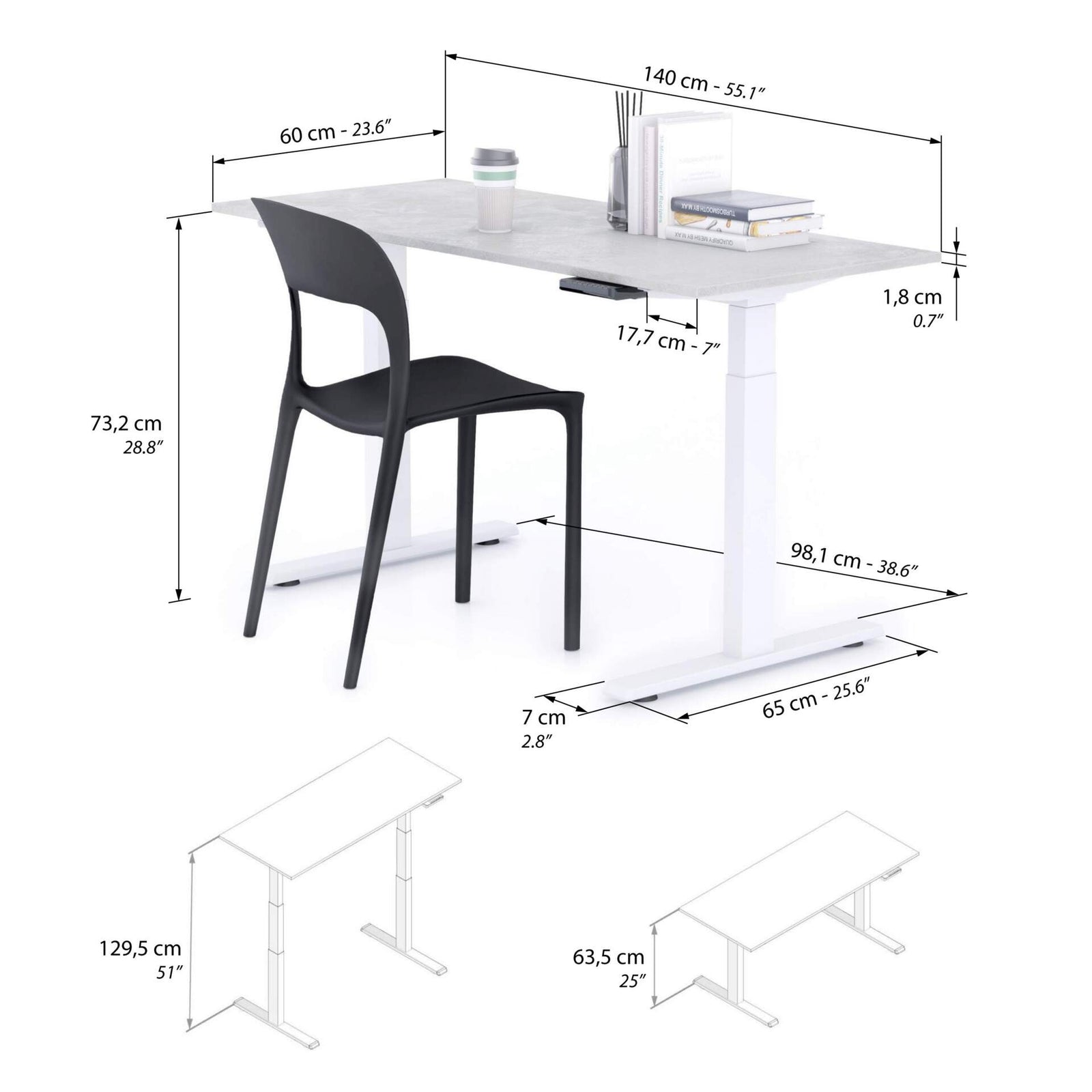 Verstelbaar Bureau Clara 140x60 Grijs Beton met Witte Poten - Immagine tecnica 1