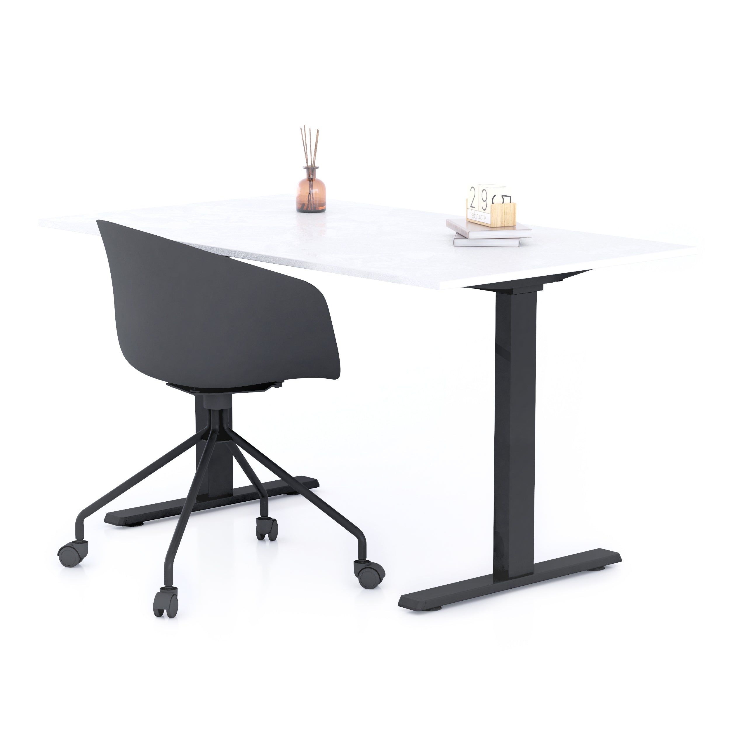 Bureau Clara 140x80, Blanc Béton, avec Pieds Fixes Noirs