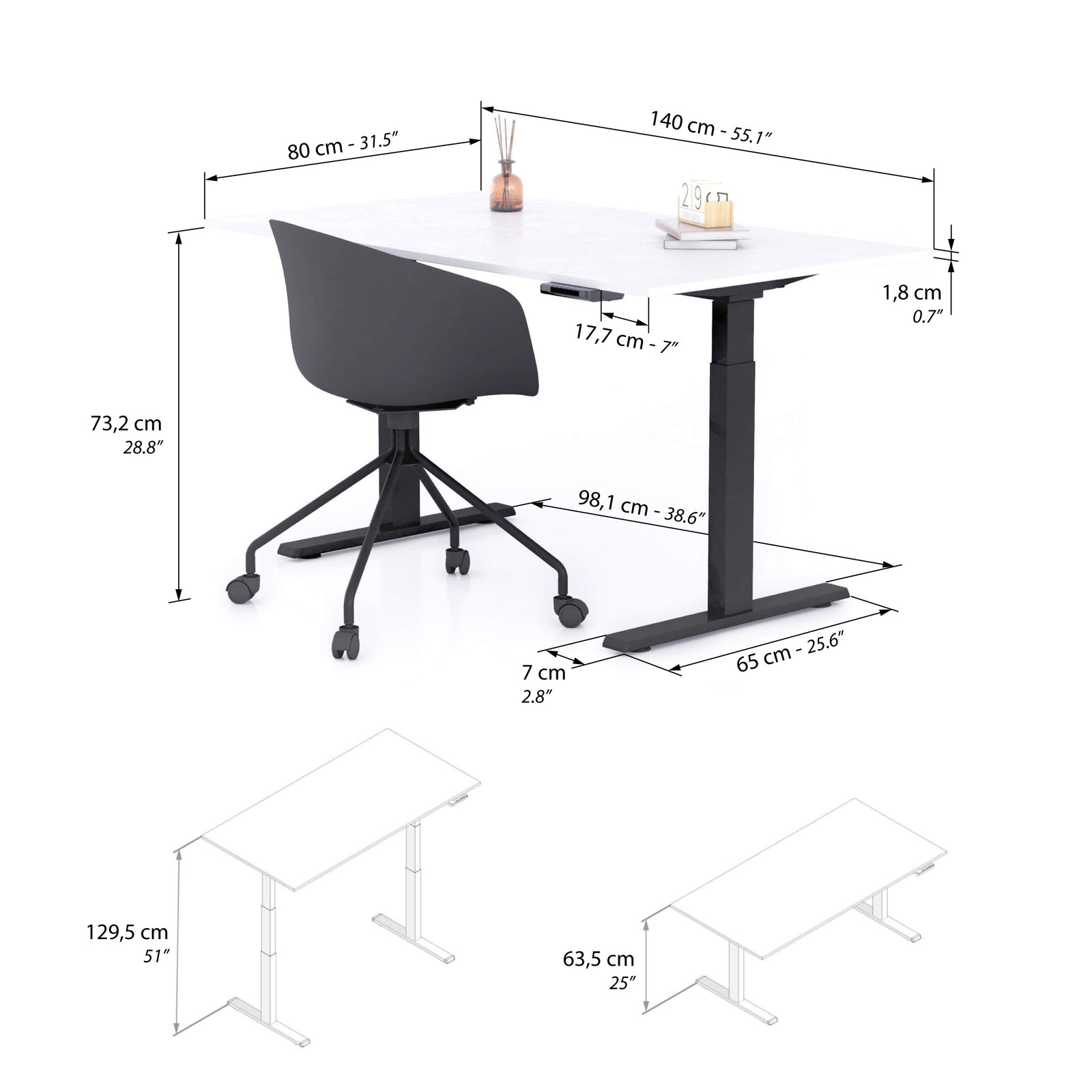 Clara Electric Standing Desk 140x80 Concrete Effect, White with Black Legs - Immagine tecnica 1