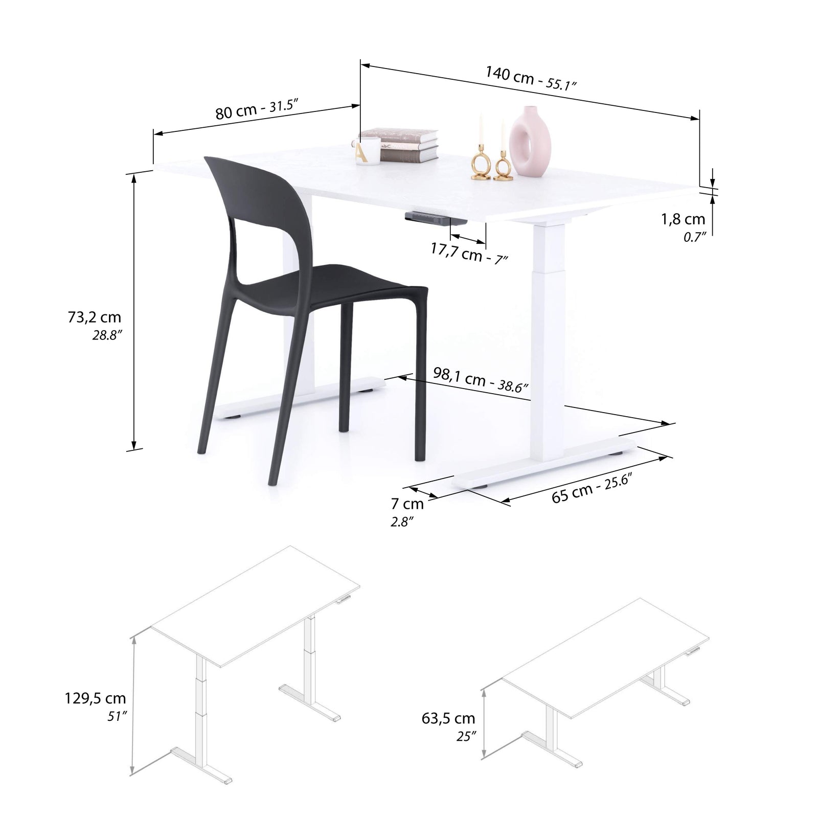 Bureau assis/debout Clara 140x80 Blanc Béton avec pieds blancs - Immagine tecnica 1