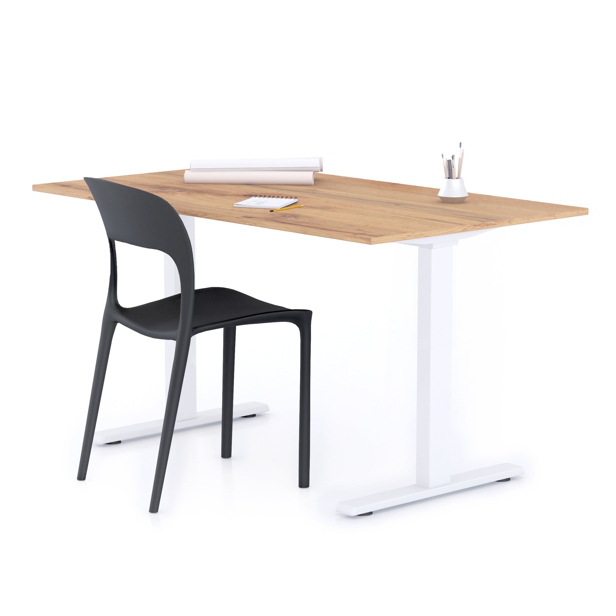 Bureau Clara 140x80, Bois Rustique, avec Pieds Fixes Blancs - Main image