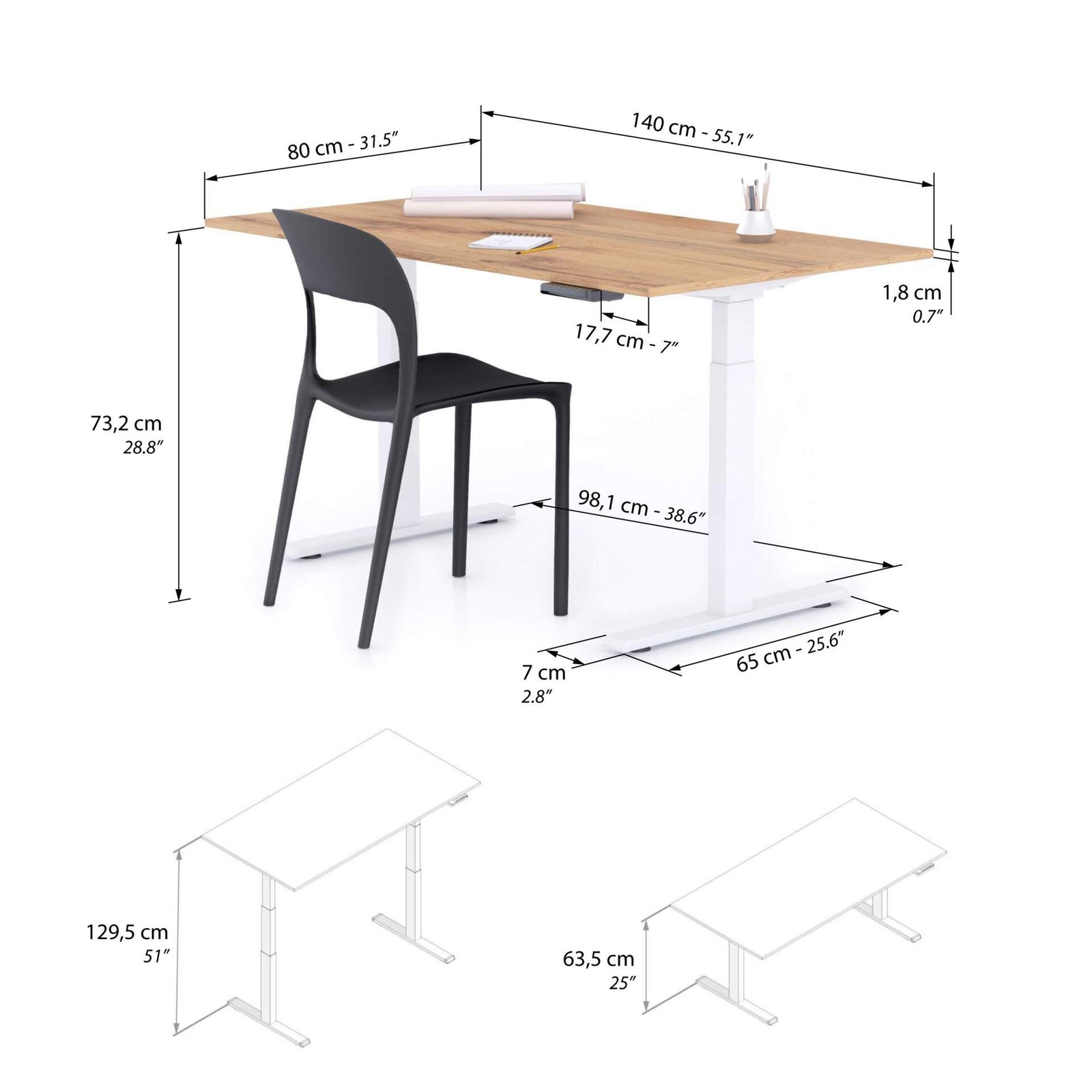 Verstellbarer Schreibtisch Clara 140x80 Eiche Rustikal mit weissen Beinen - Immagine tecnica 1