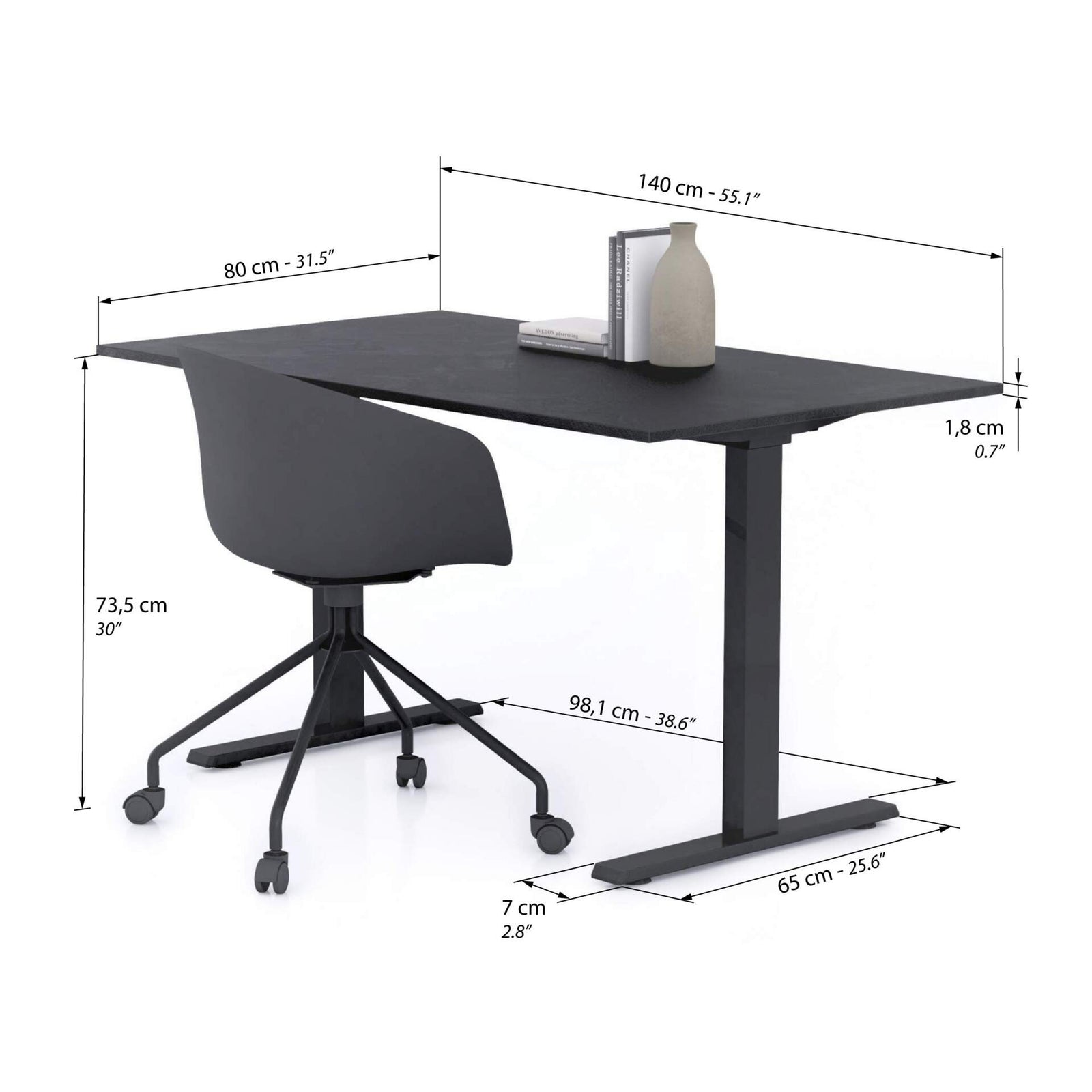Bureau Clara 140x80, Noir Béton, avec Pieds Fixes Noirs - Immagine tecnica 1