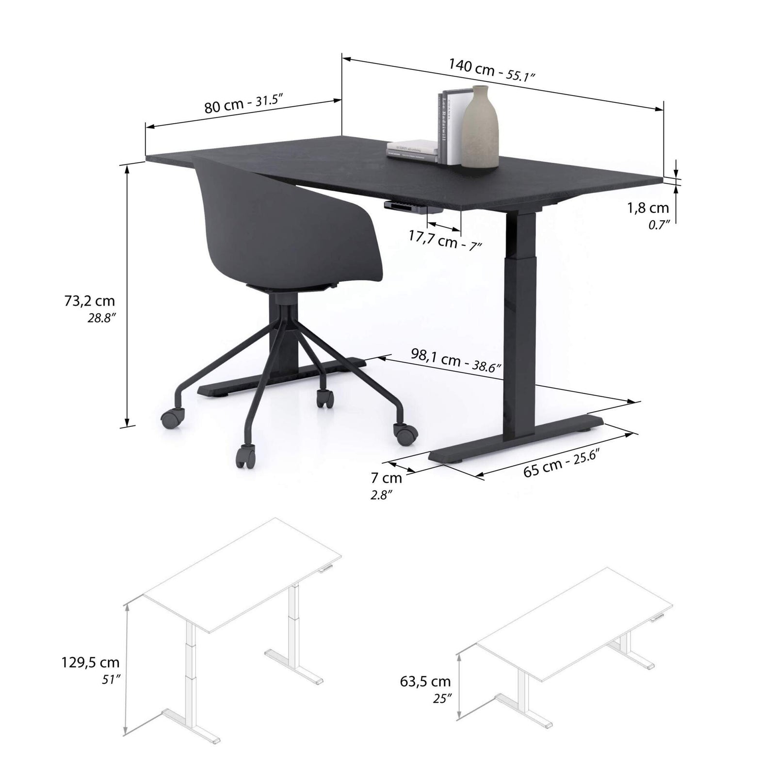 Scrivania Regolabile Clara 140x80 Nero Cemento con Gambe Nere - Immagine tecnica 1