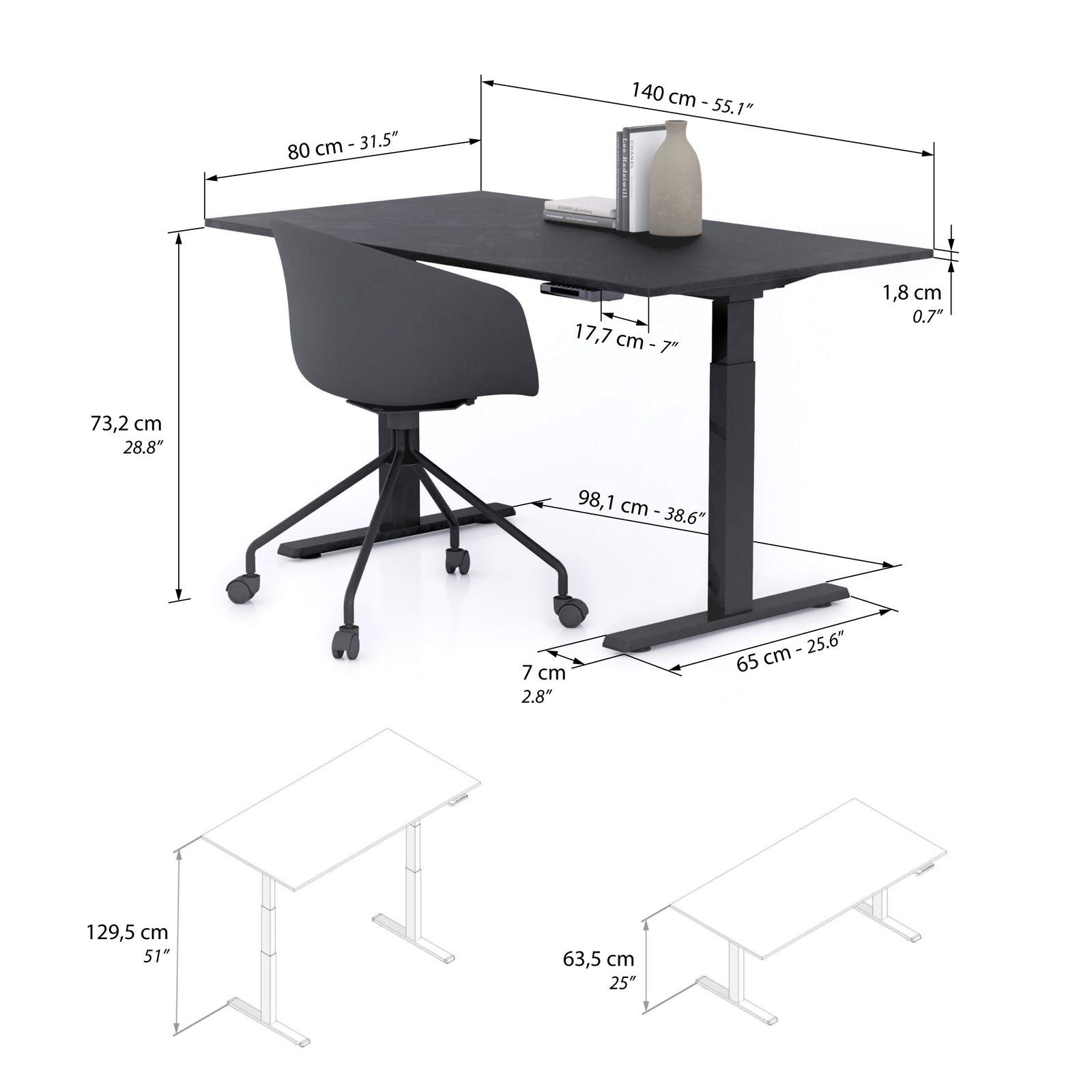 Scrivania Regolabile Clara 140x80 Nero Cemento con Gambe Nere - Immagine tecnica 1