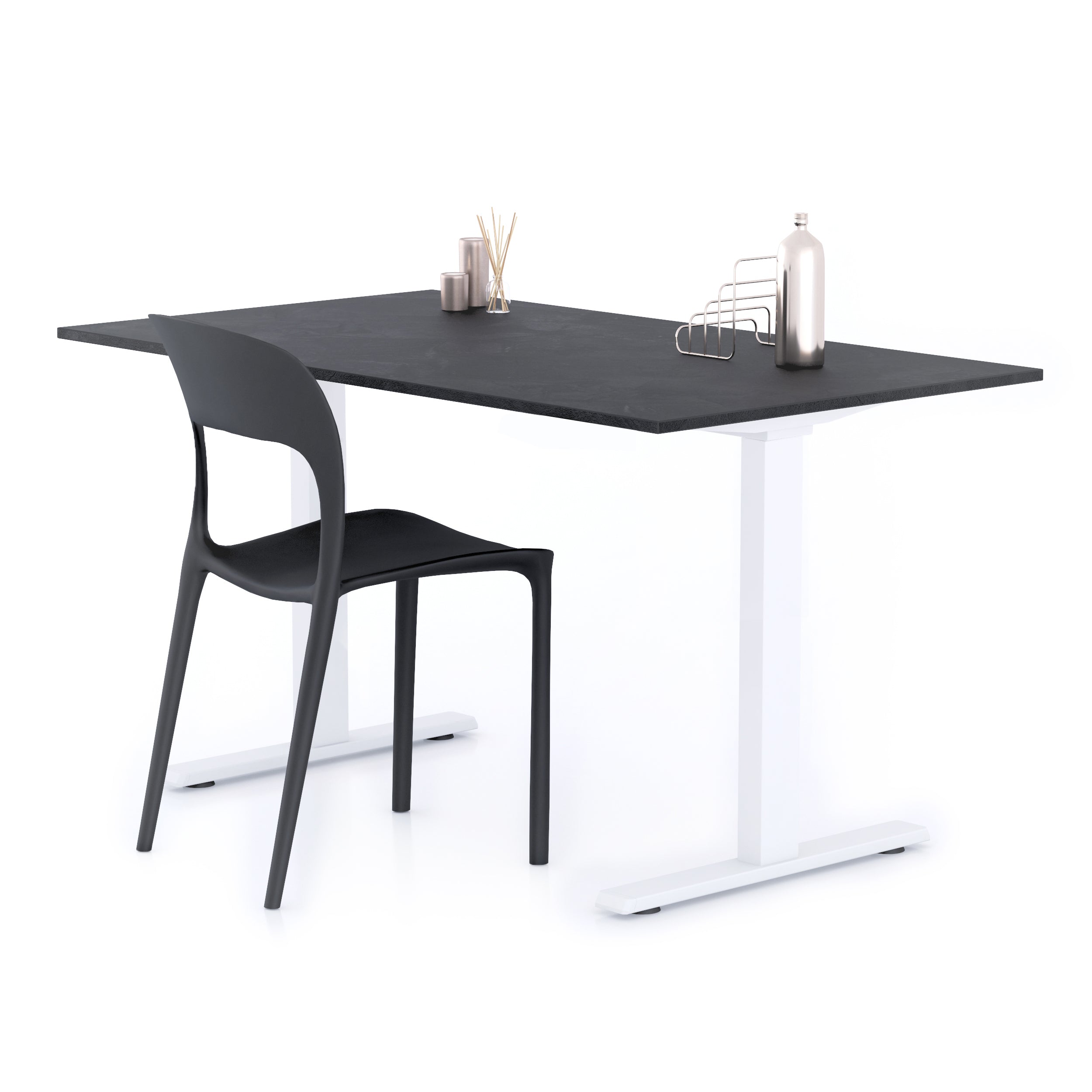 Bureau Clara 140x80, Noir Béton, avec Pieds Fixes Blancs