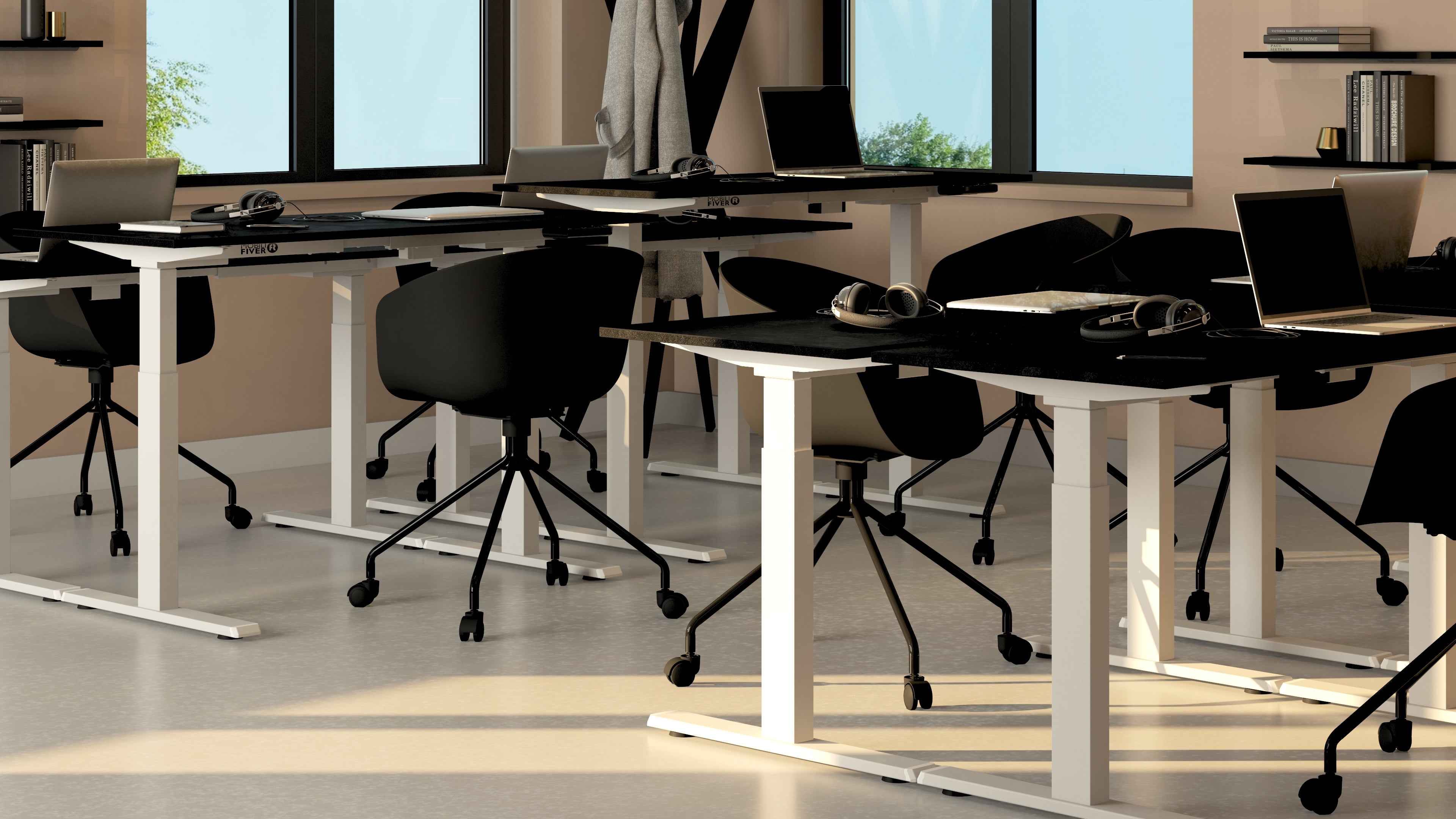 Verstellbarer Schreibtisch Clara 140x80 Schwarz Beton mit weissen Beinen - Set image 1