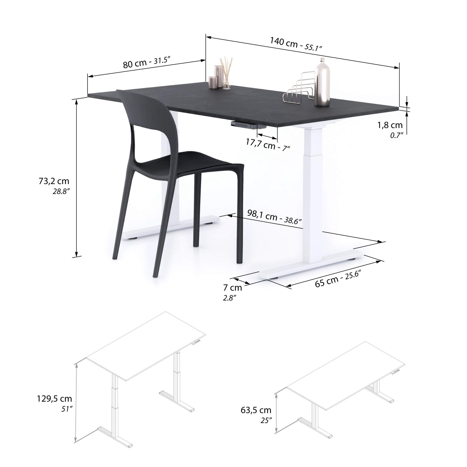 Clara Electric Standing Desk 140x80 Concrete Effect, Black with White Legs - Immagine tecnica 1