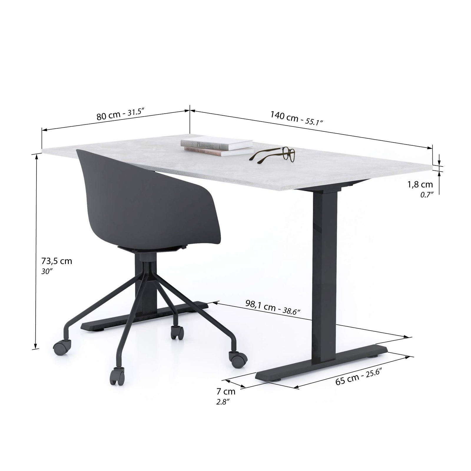 Escritorio Clara 140x80 cemento gris con patas negras - Immagine tecnica 1
