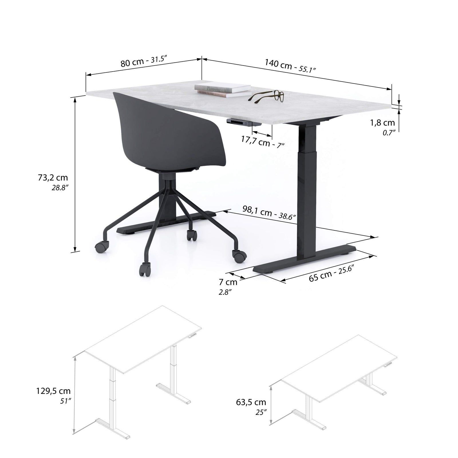 Clara Electric Standing Desk 140x80 Concrete Effect, Grey with Black Legs - Immagine tecnica 1