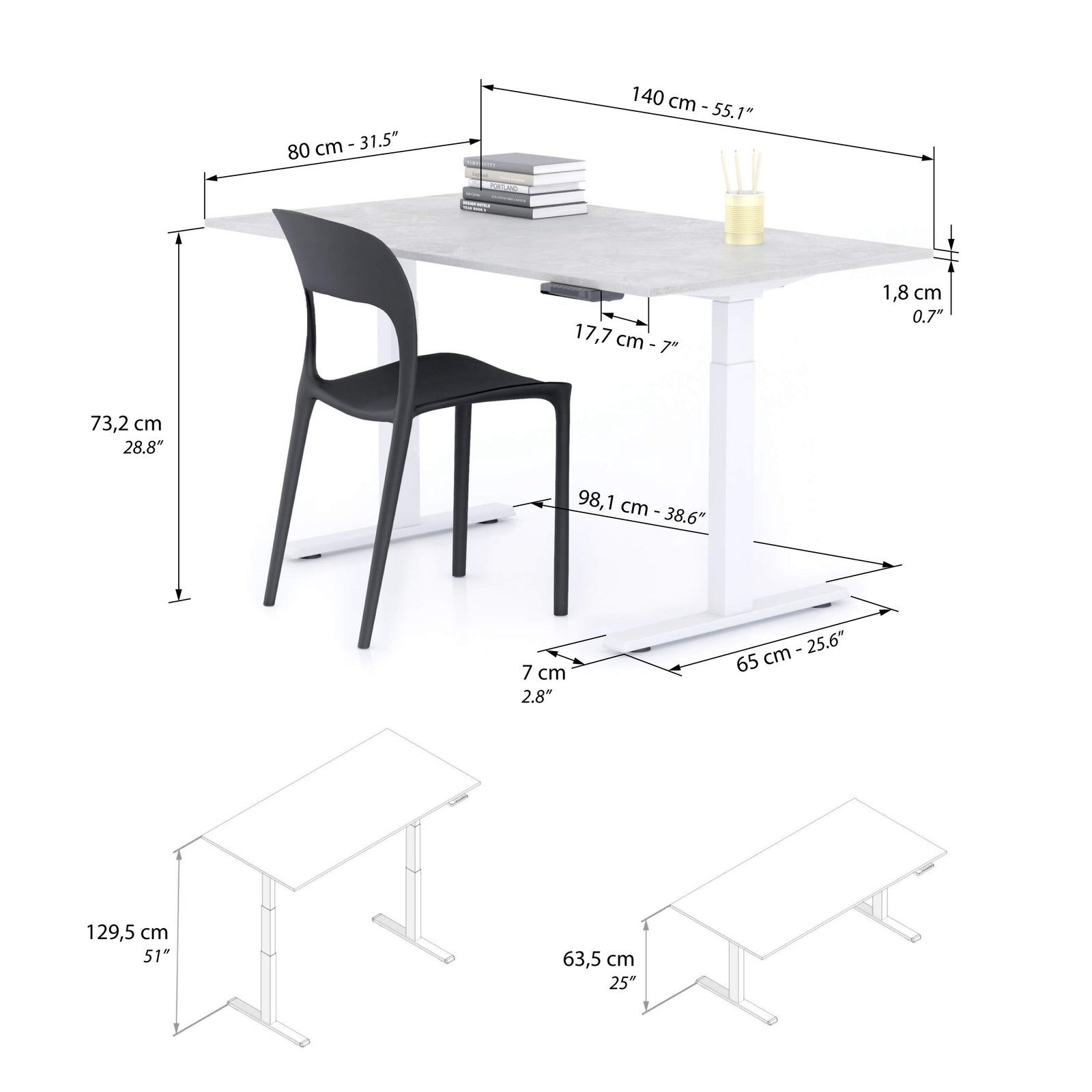Clara Electric Standing Desk 140x80 Concrete Effect, Grey with White Legs - Immagine tecnica 1