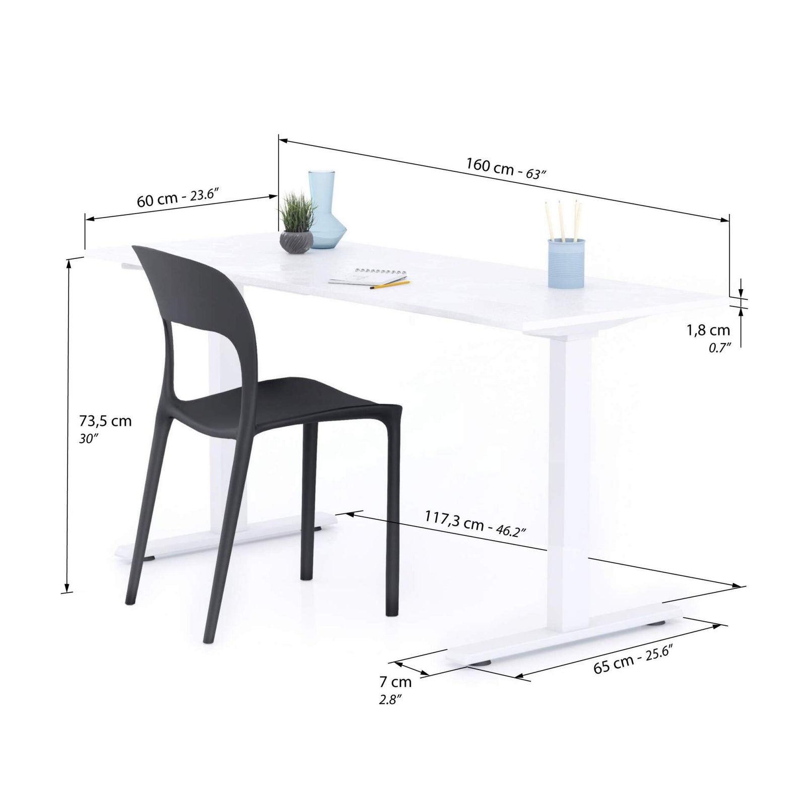 Scrivania Fissa Clara 160x60 Bianco Cemento con Gambe Bianche - Immagine tecnica 1