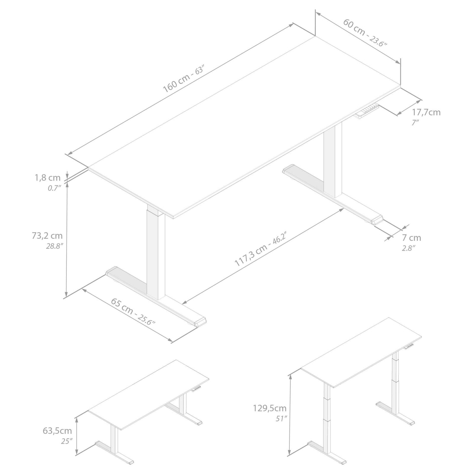 Bureau assis/debout Clara 160x60 Blanc Béton avec pieds blancs - Immagine tecnica 1