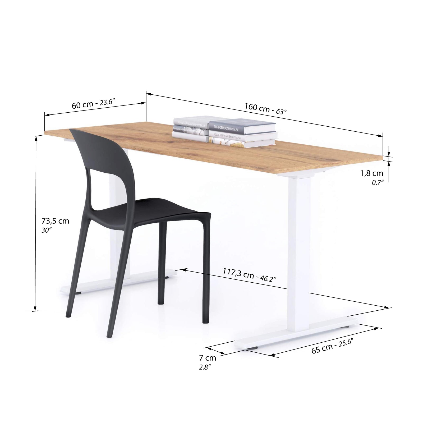 Scrivania Fissa Clara 160x60 Rovere Rustico con Gambe Bianche - Immagine tecnica 1