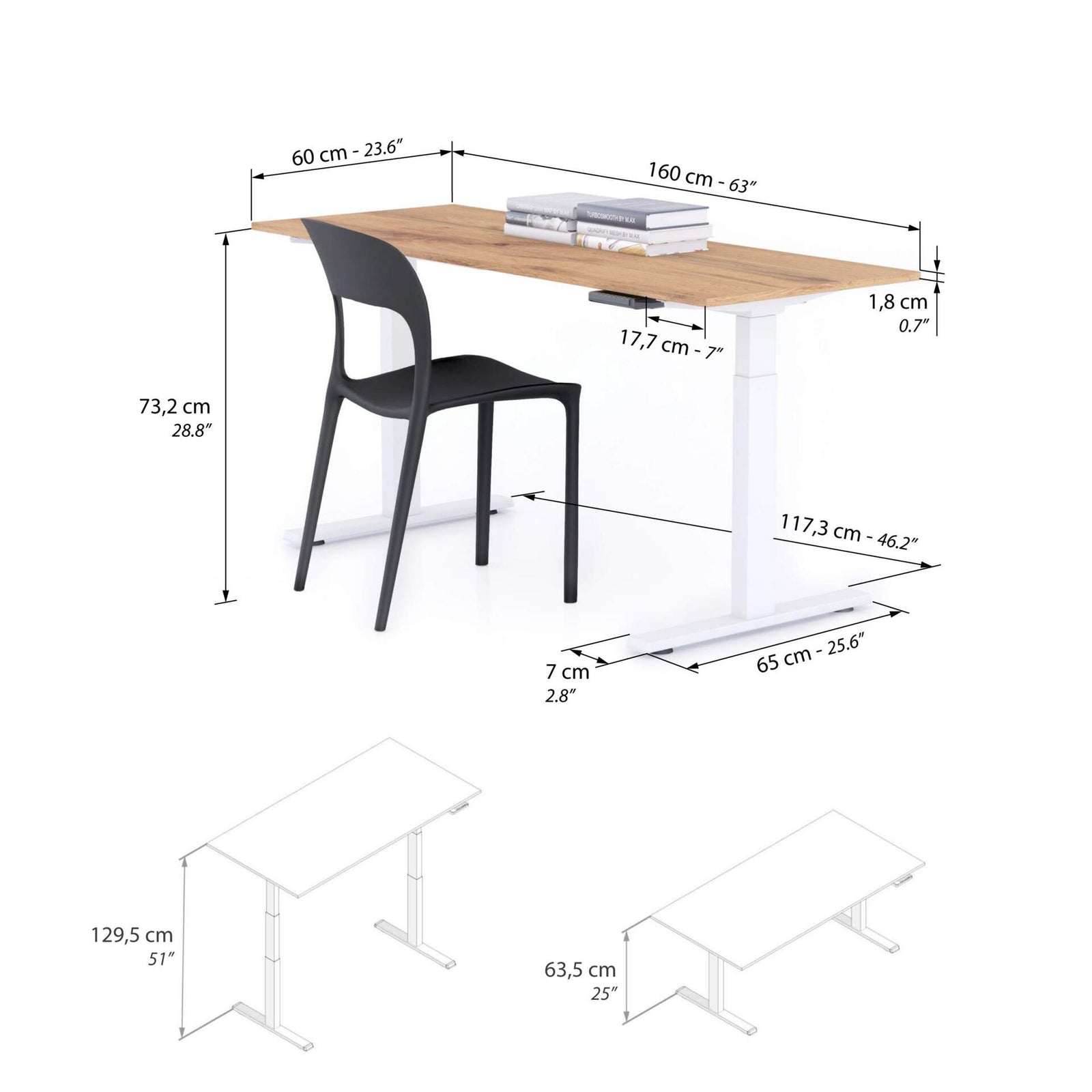 Bureau assis/debout Clara 160x60 Bois Rustique avec pieds blancs - Immagine tecnica 1