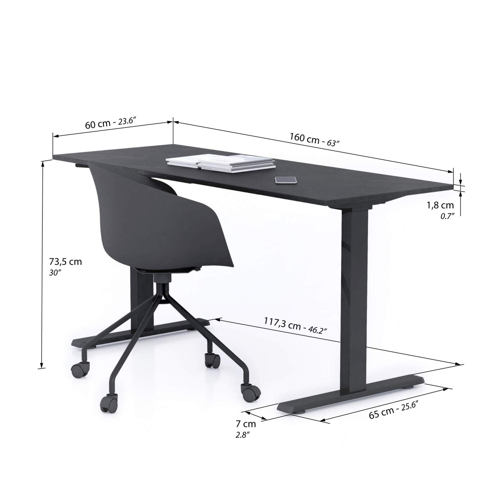 Scrivania Fissa Clara 160x60 Nero Cemento con Gambe Nere - Immagine tecnica 1