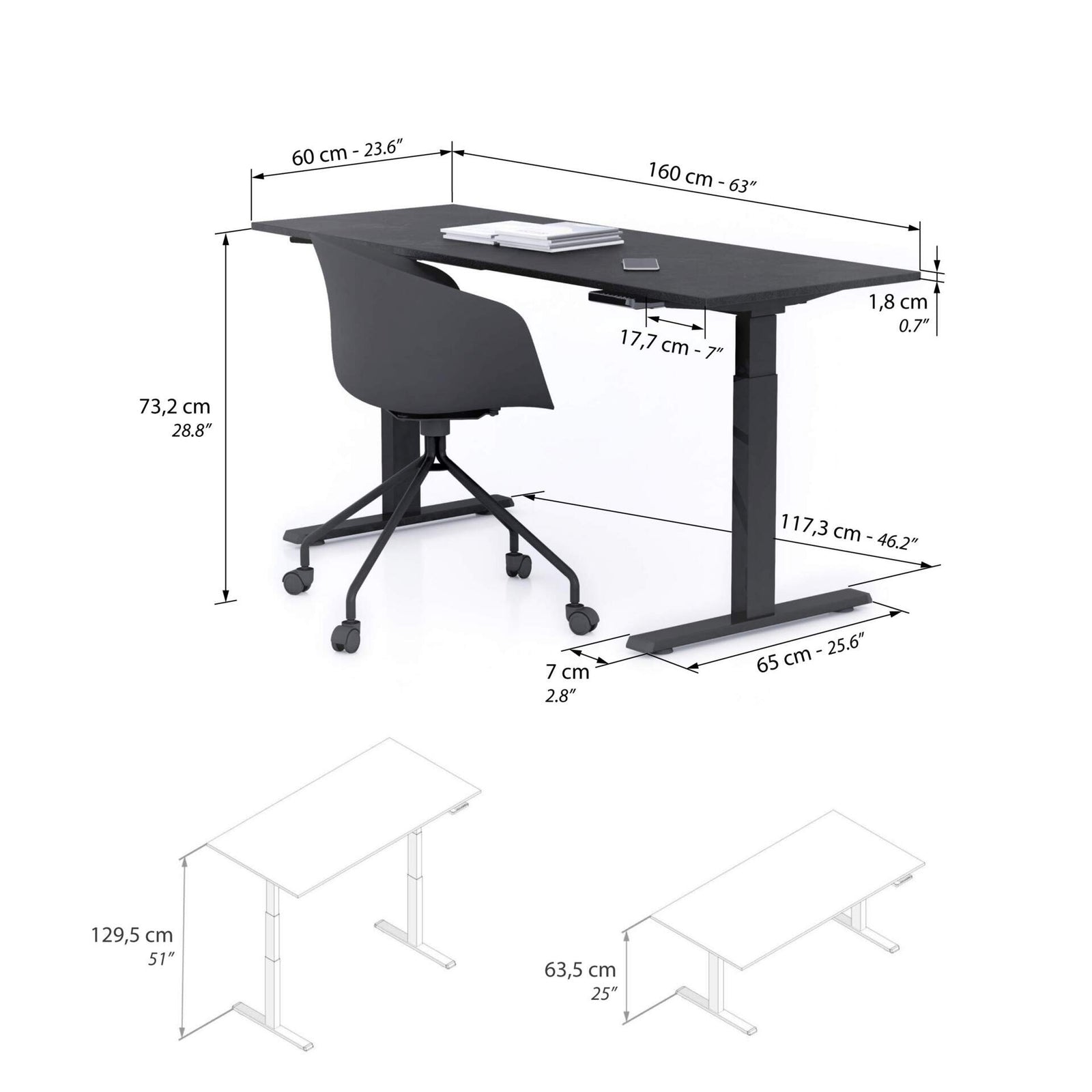Bureau assis/debout Clara 160x60 Noir Béton avec pieds noirs - Immagine tecnica 1
