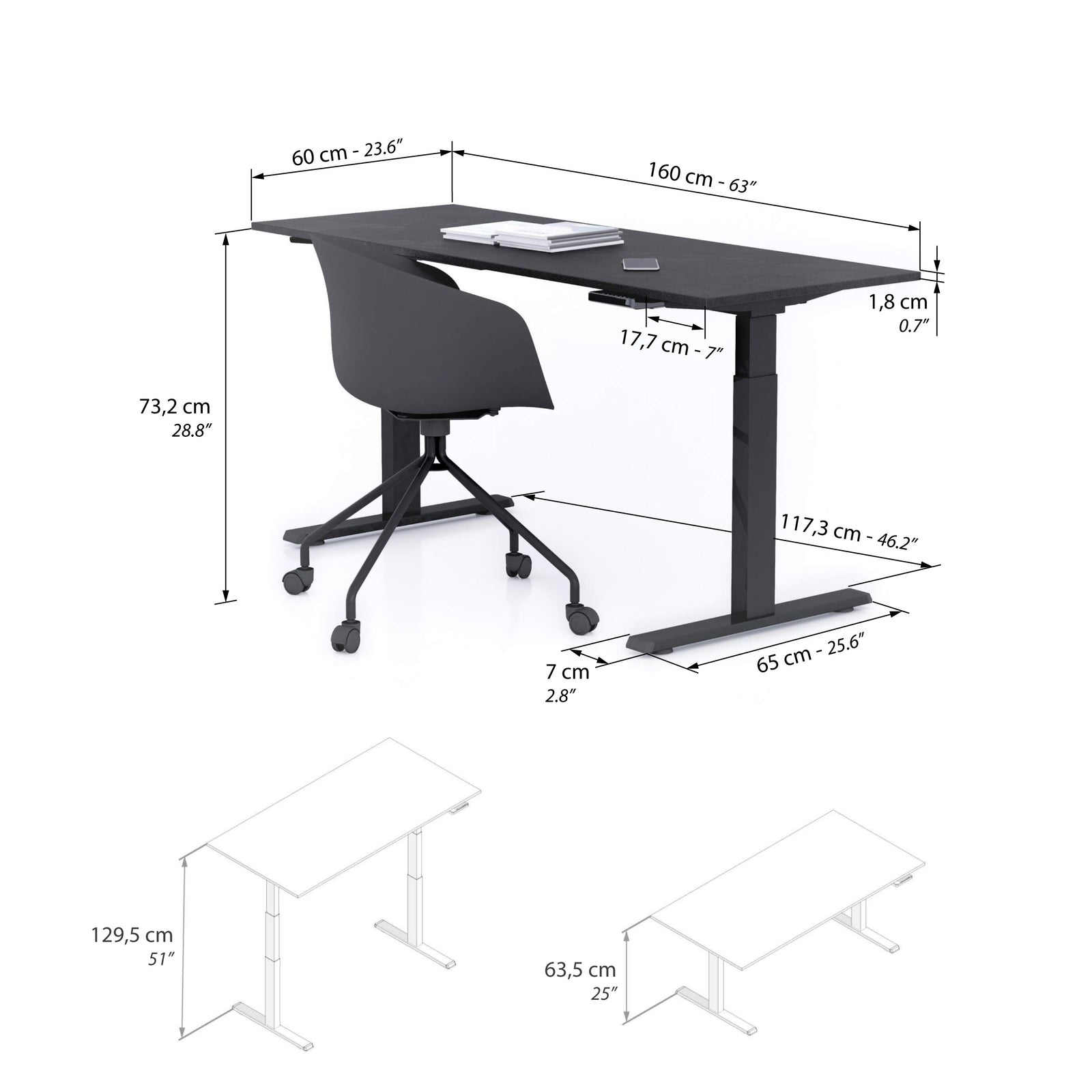 Escritorio Elevable Clara 160x60 Cemento Negro con Patas Negras - Immagine tecnica 1
