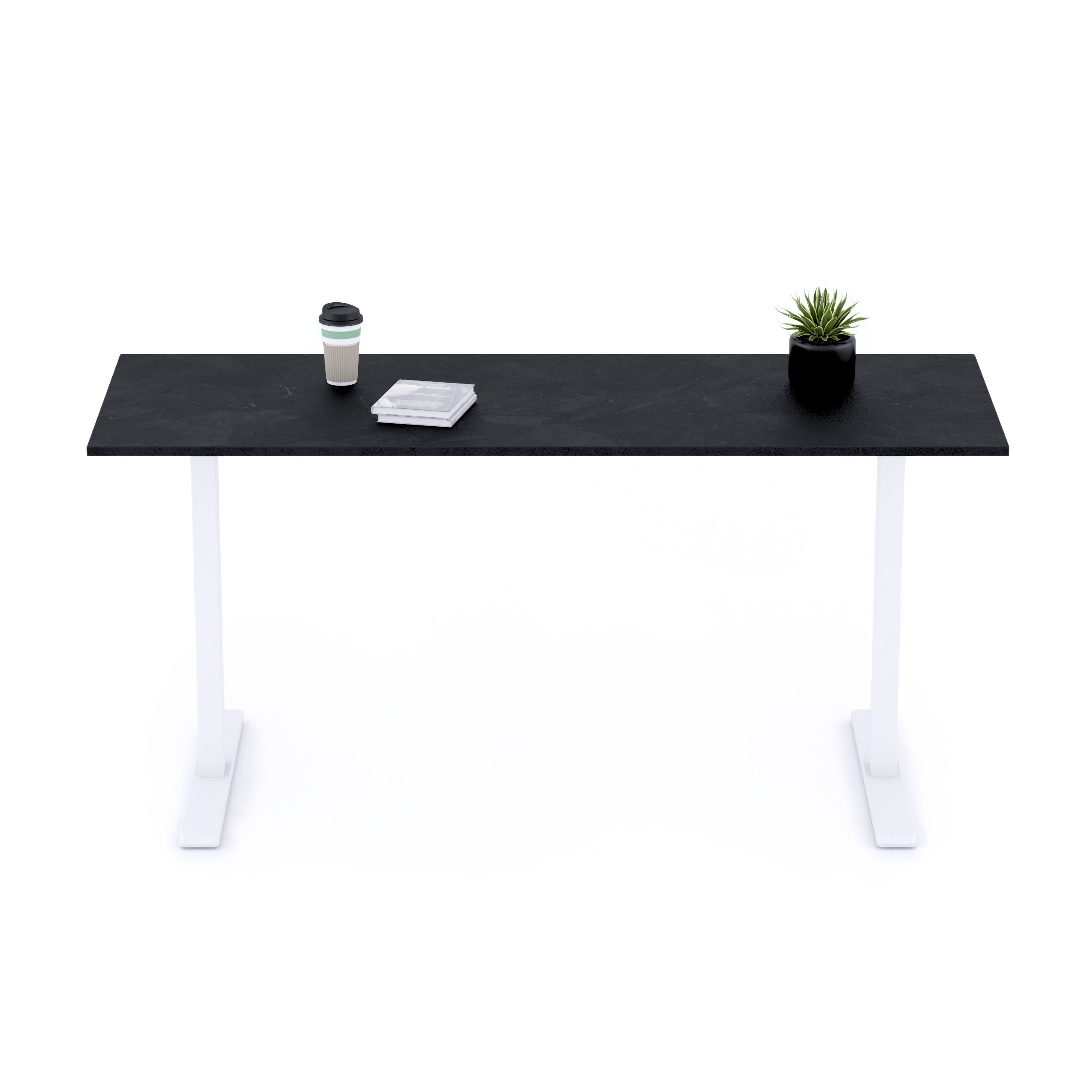 Bureau Clara 160x60, Noir Béton, avec Pieds Fixes Blancs