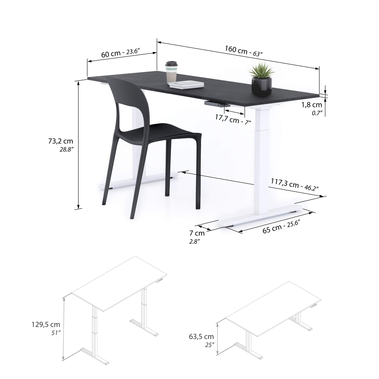 Bureau assis/debout Clara 160x60 Noir Béton avec pieds blancs - Immagine tecnica 1