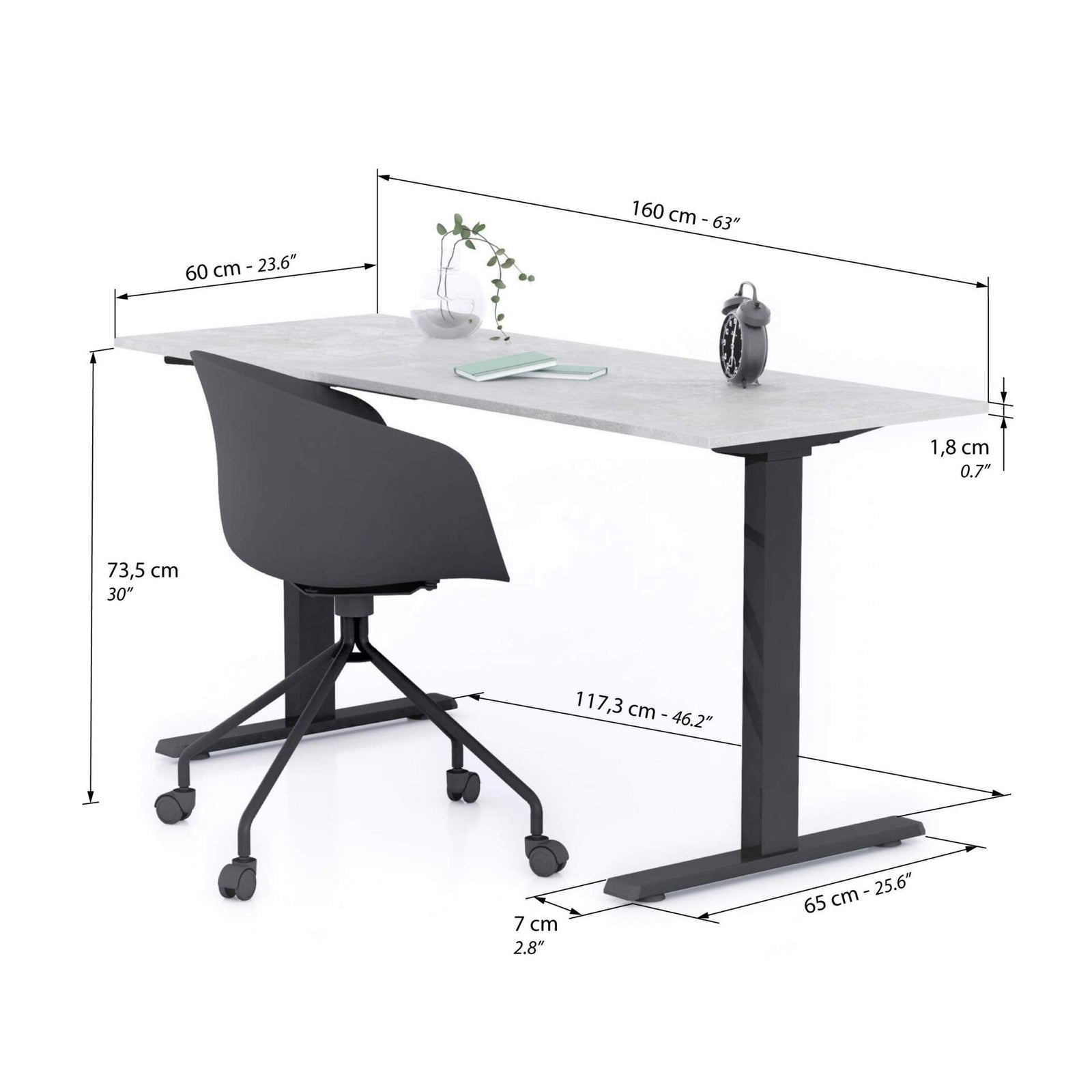 Scrivania Fissa Clara 160x60 Grigio Cemento con Gambe Nere - Immagine tecnica 1